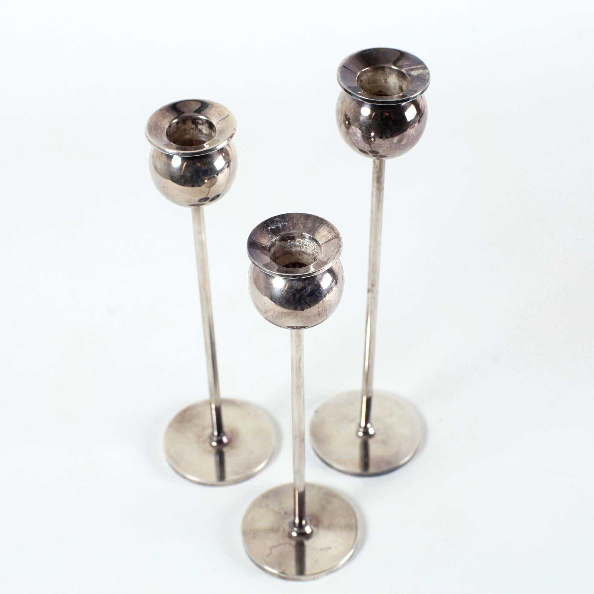 Swedish Pierre Forssell Set of Three Nickel Tulip Candlesticks from Skultuna Sweden 1970 For Sale