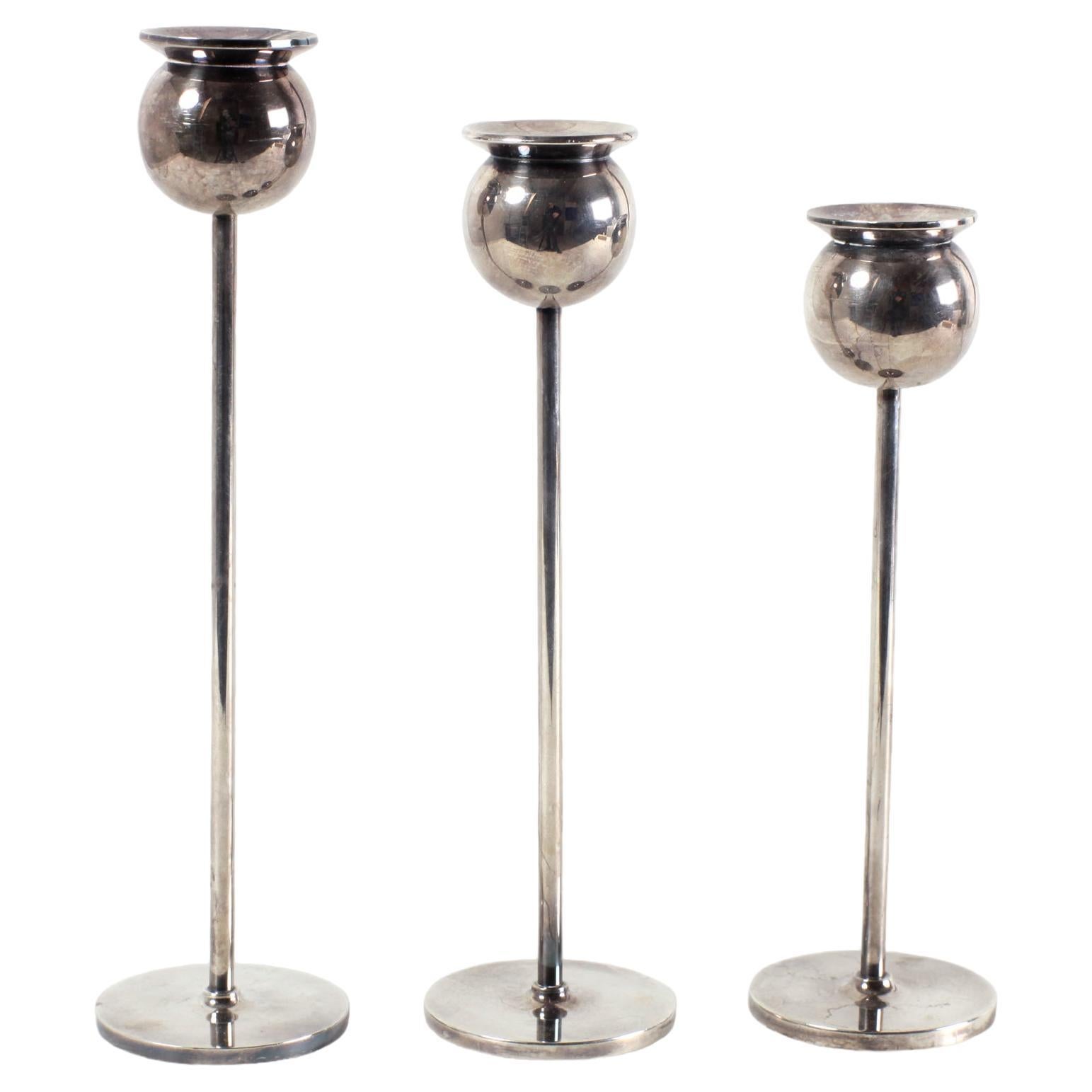 Pierre Forssell Set of Three Nickel Tulip Candlesticks from Skultuna Sweden 1970 For Sale