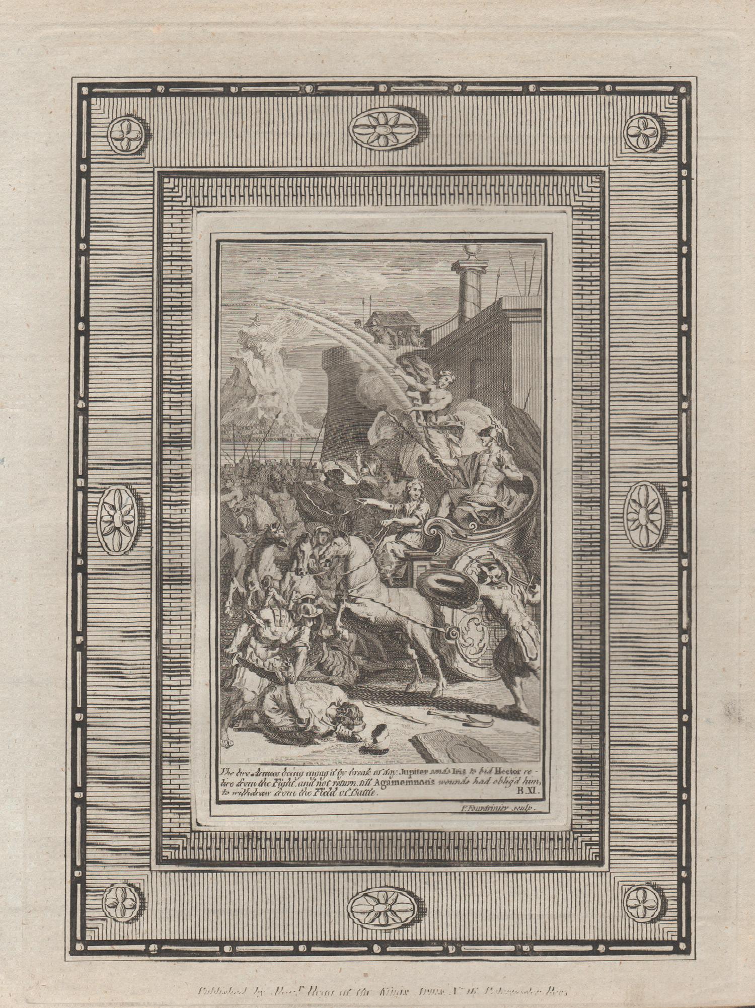 Jupiter sends Iris to Hector. 18th century Classical Greek myth engraving print
