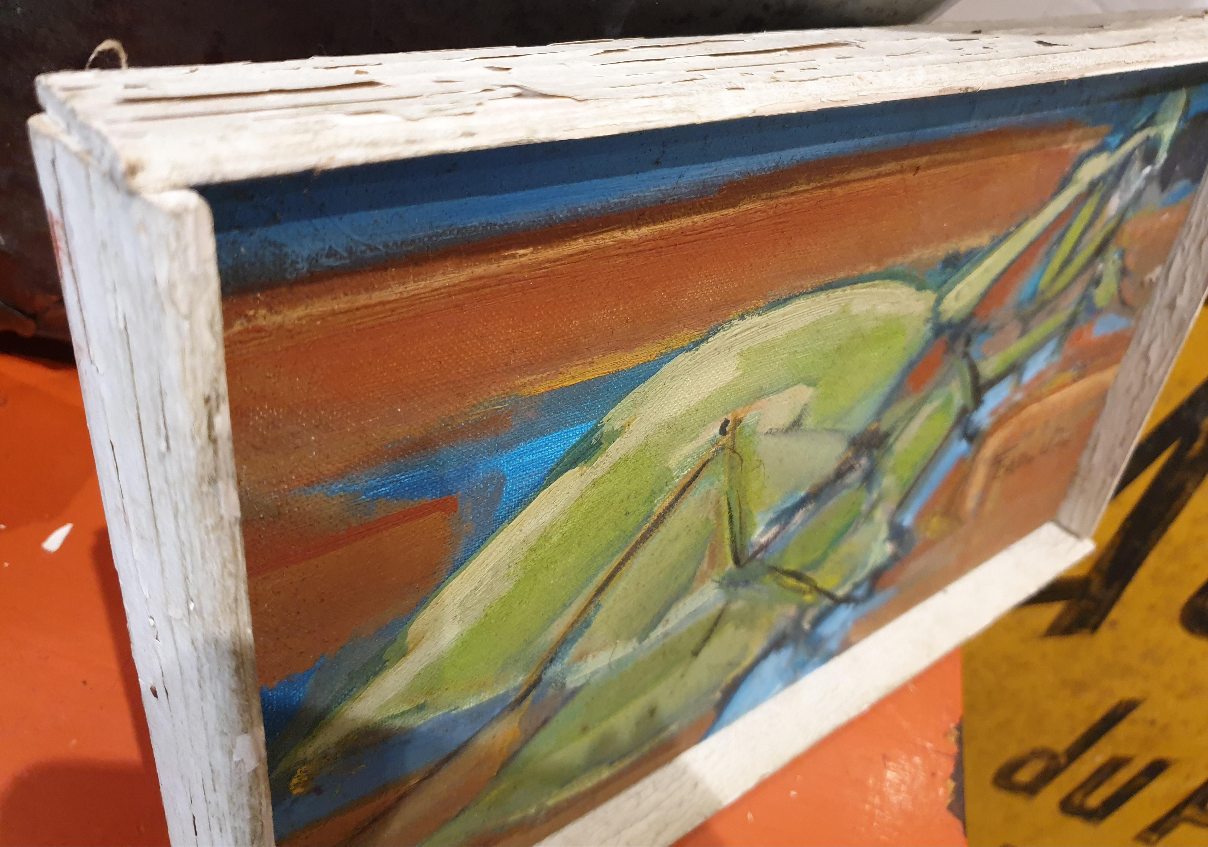 Unique oil on canvas entomological study of a pair of praying mantises, signed Fournel bottom right and dated 1974. Presented in original, simple painted 'baton' wood frame.

This painting is one of a pair painted by the same artist, the other also