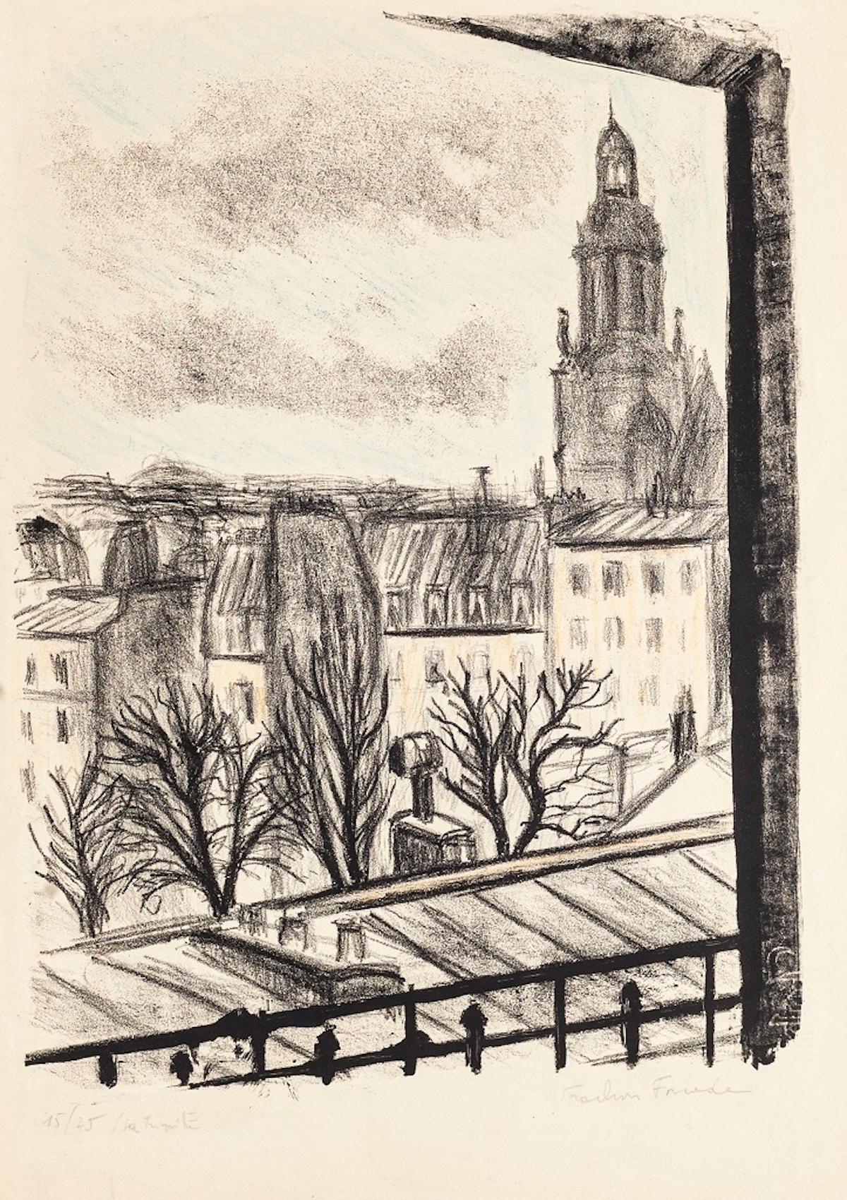 Paris Landscape is an original modern artwork realized by the French artist Pierre Frachon-Forcade in the middle of the XX Century. 

Original Lithograph on paper. 

Hand-signed by the artist on the lower right corner in pencil: Frachon