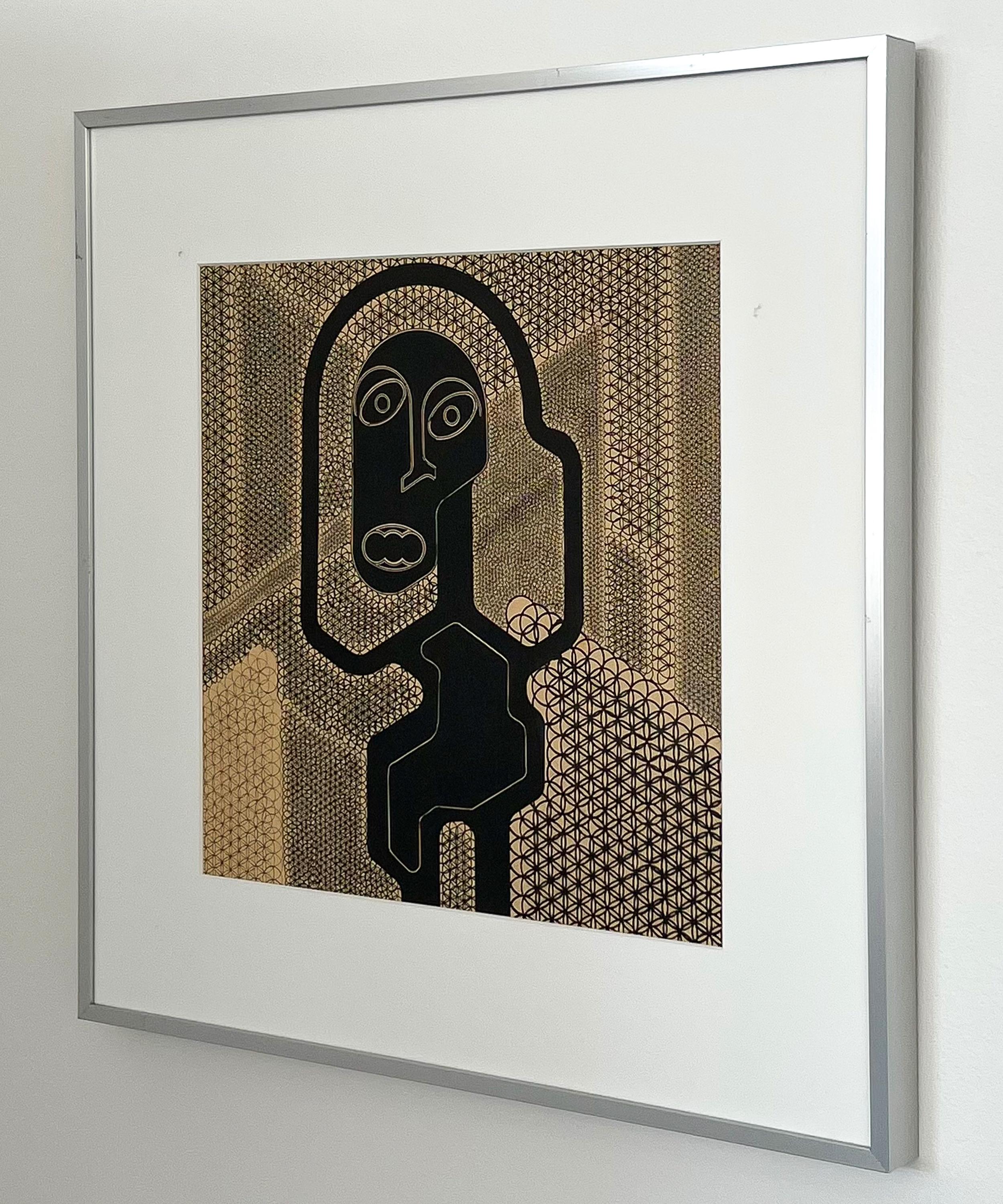 Pierre-Francois Vaysse framed modern abstract drawing, Belgium circa 1970. Intricate ink drawing on paper of abstract / surreal anthropomorphic figure. Black ink on beige background. Newly matted in white within the original aluminum frame behind