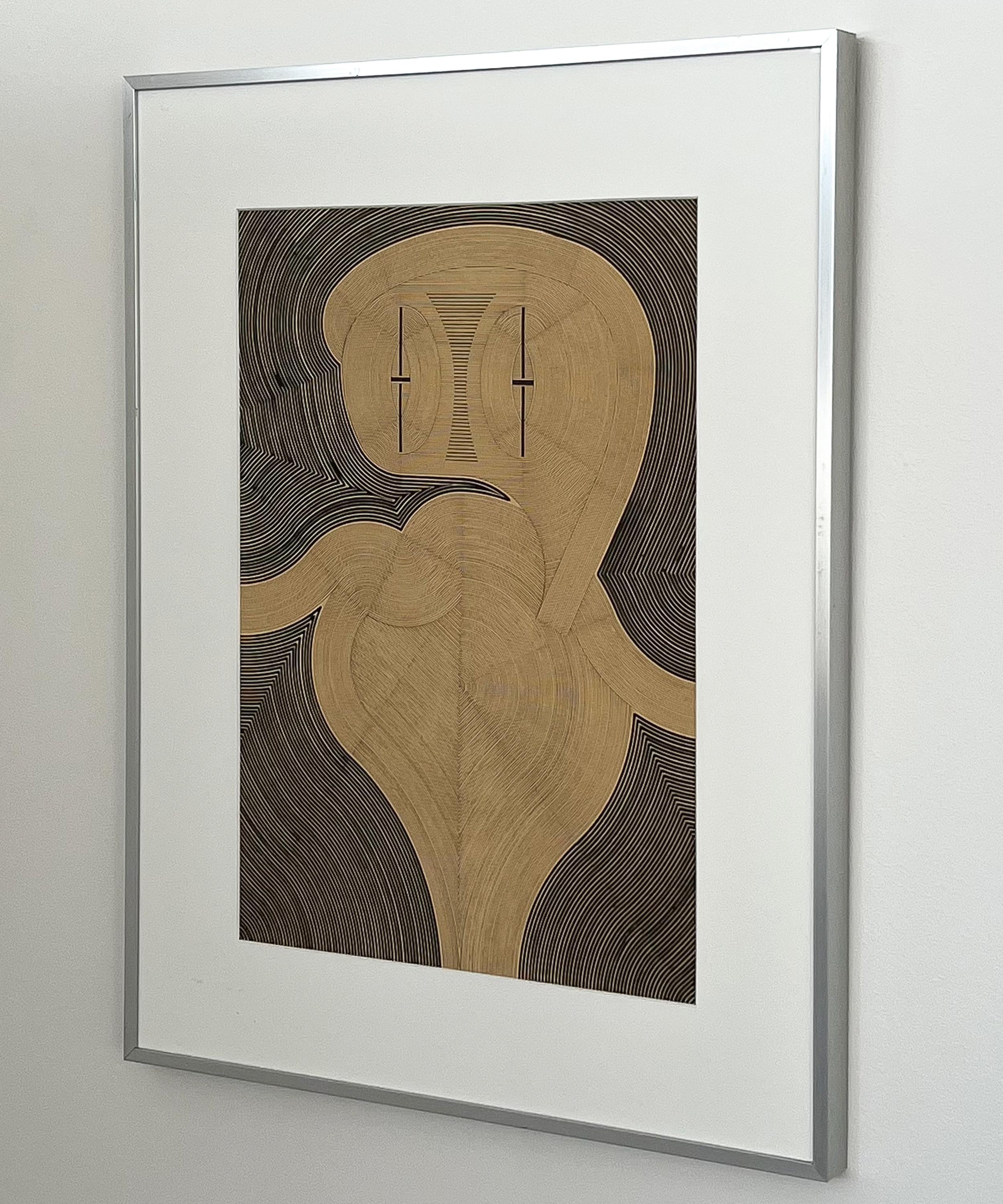 Pierre-Francois Vaysse framed modern abstract drawing, Belgium circa 1970. Intricate ink drawing on paper of abstract / surreal anthropomorphic figure. Black ink on beige background. Newly matted in white within the original aluminum frame behind
