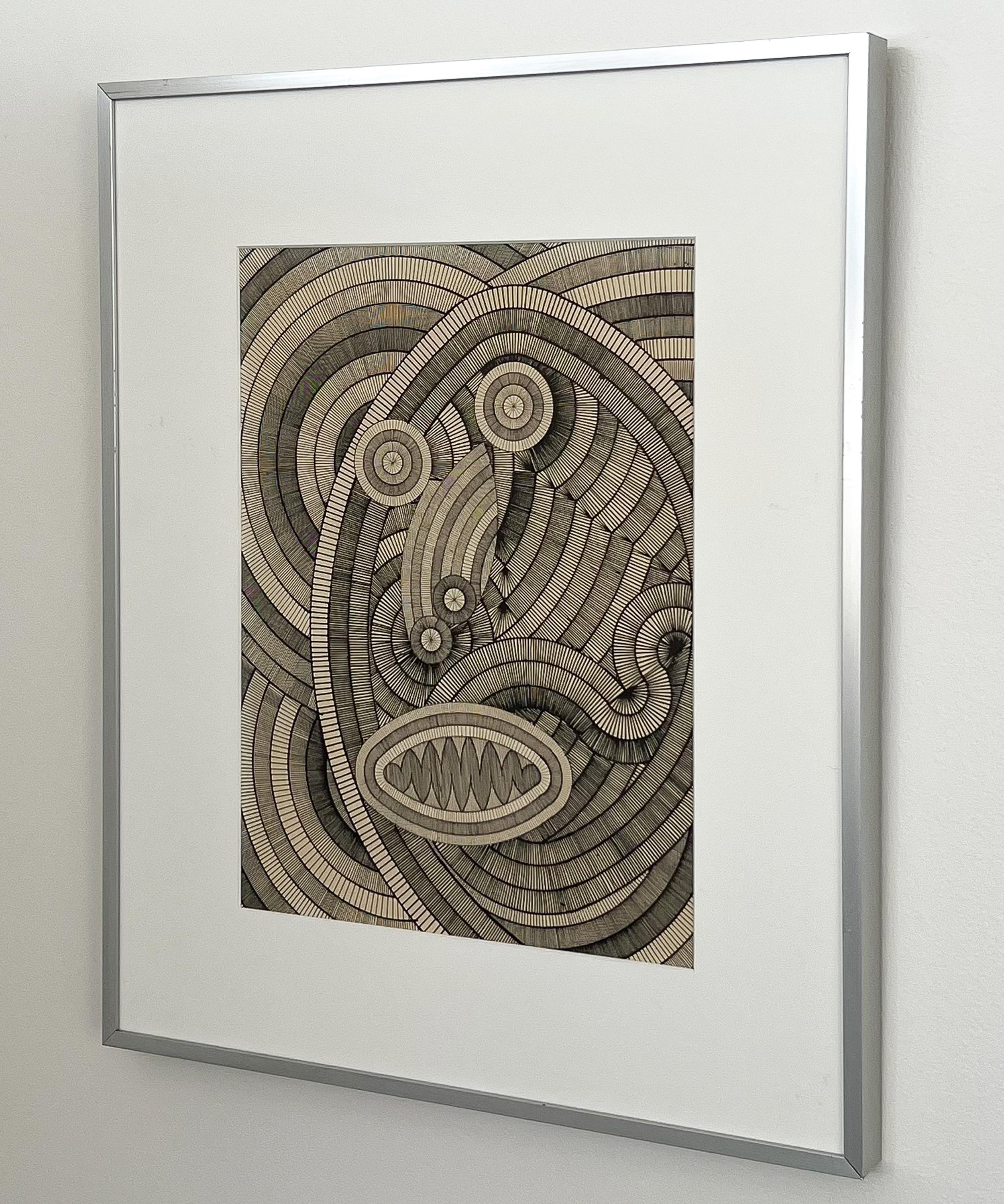 Pierre-Francois Vaysse framed modern abstract drawing, Belgium circa 1970. Intricate ink drawing on paper of abstract / surreal anthropomorphic figure / face. Black ink on beige background. Newly matted in white within the original aluminum frame