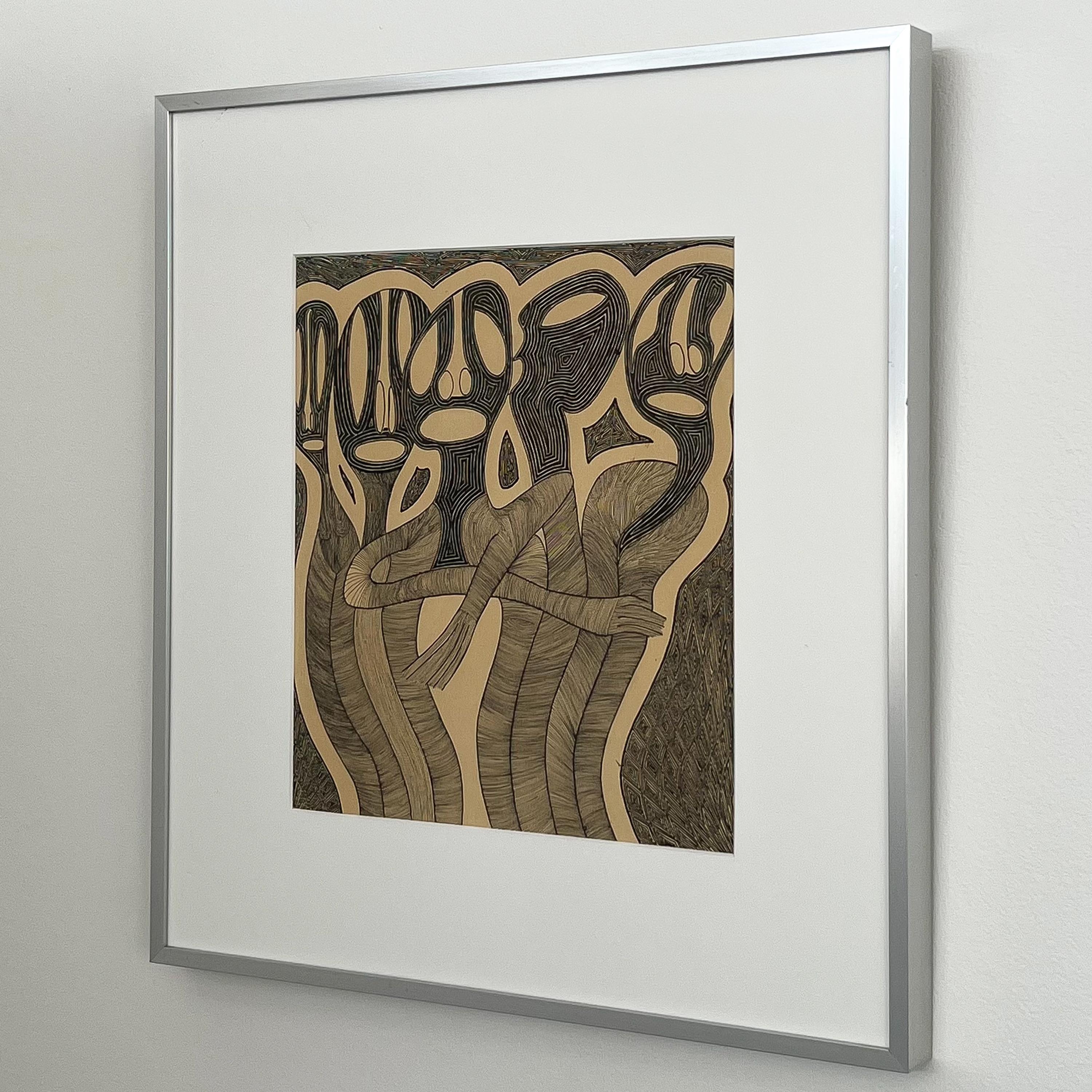 Pierre-Francois Vaysse framed modern abstract drawing, Belgium circa 1970. Intricate ink drawing on paper of abstract / surreal anthropomorphic figures. Black ink on beige background. Newly matted in white within the original aluminum frame behind