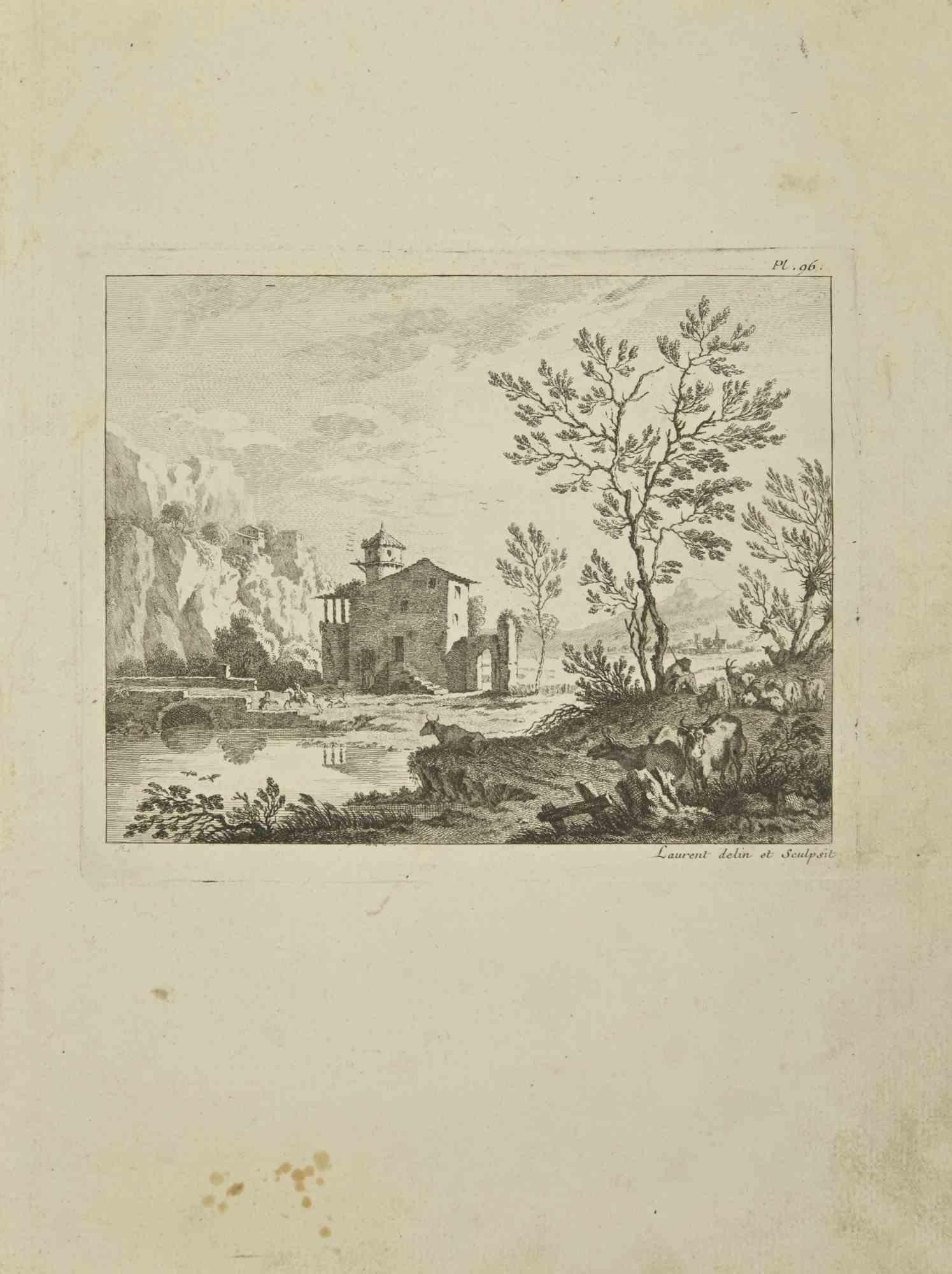 Landscape is an etching realized by Pierre-François Laurent in 1755.

Good condition.

Signed on Plate.

The artwork is depicted through confident strokes.

The etching was realized for the anatomy study “JOMBERT, Charles-Antoine (1712-1784) -