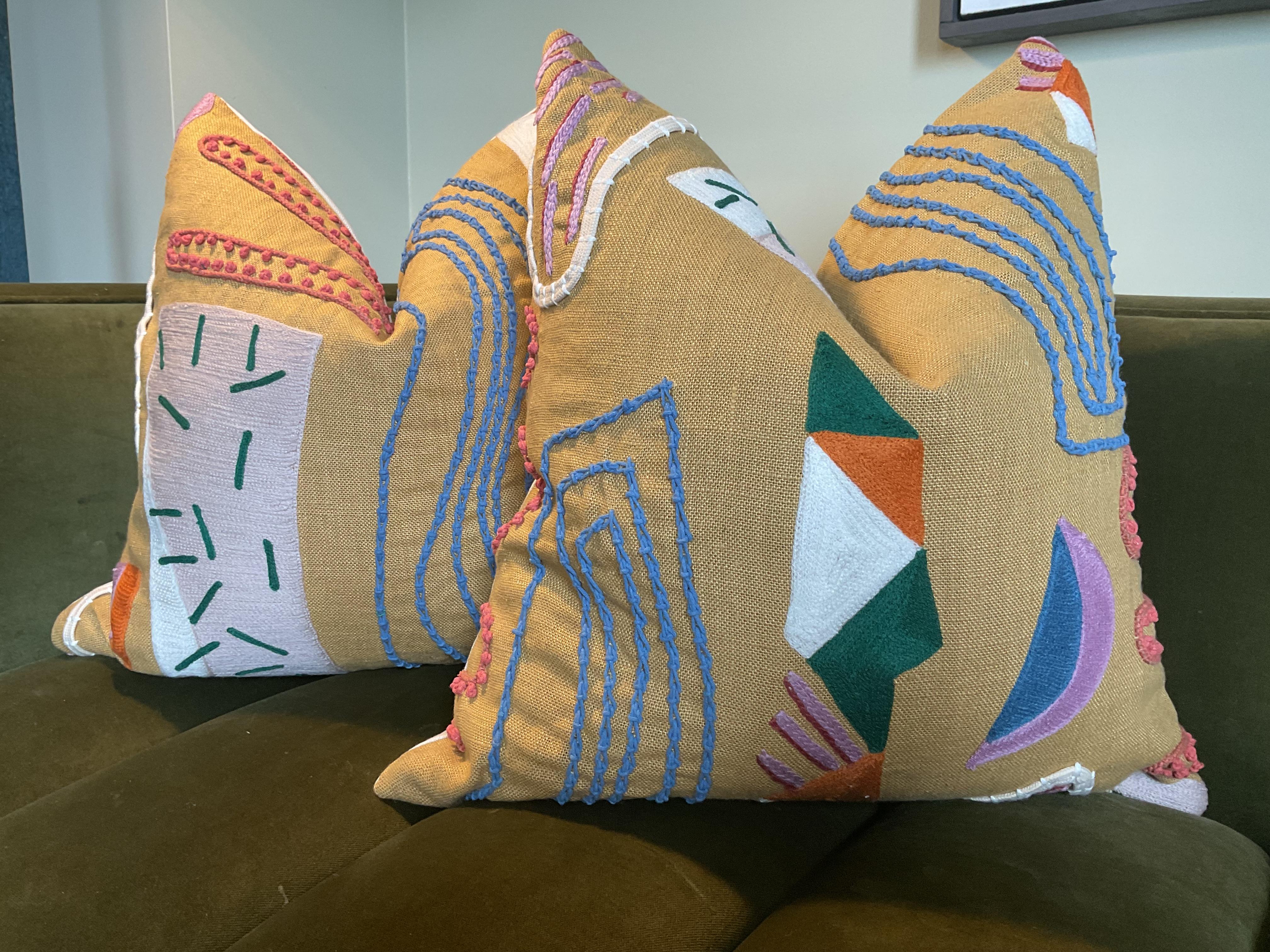 Pierre Frey Farrah Pillow

Fabric from the Pierre Frey “Farrah” collection, the Sprinkles colorway is a vivid, lively textile that blends artisanal craftsmanship with a playful yet refined aesthetic. Hand‑embroidered in rope and ribbon, the pattern