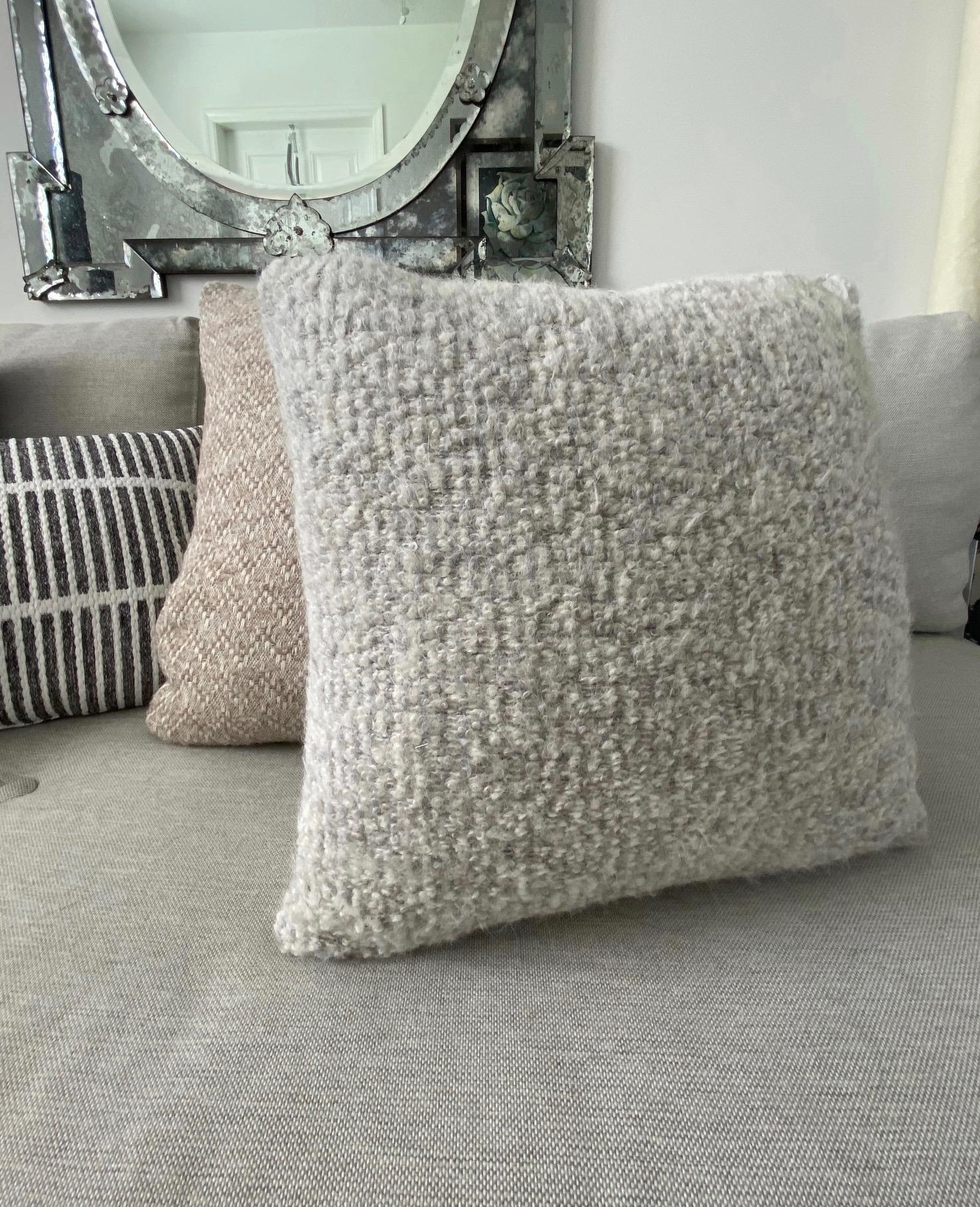 French Boucle Mohair and Leather Throw Pillow in Grey Taupe by Pierre Frey,  18