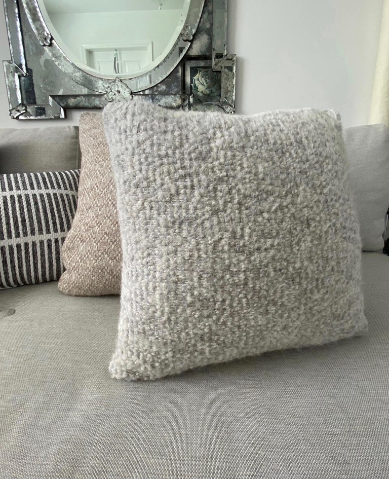 French Pierre Frey Organic Woven Alpaca, Mohair, and Leather Luxe Throw Pillow For Sale