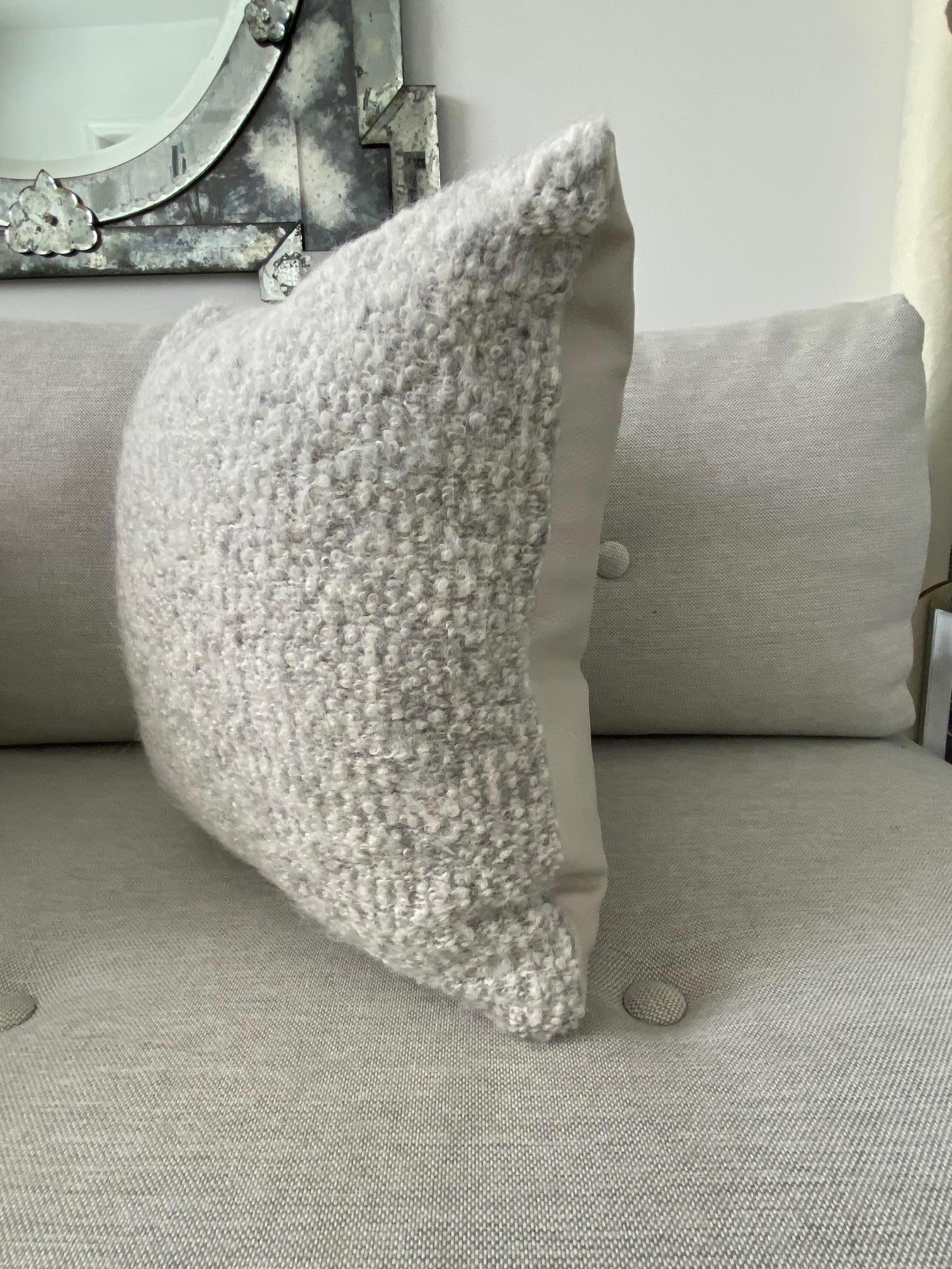 Boucle Mohair and Leather Throw Pillow in Grey Taupe by Pierre Frey,  18