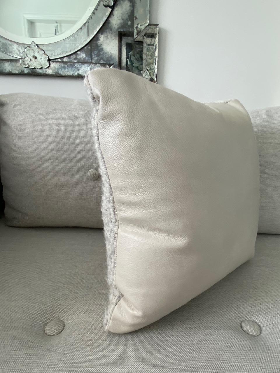 Boucle Mohair and Leather Throw Pillow in Grey Taupe by Pierre Frey,  18