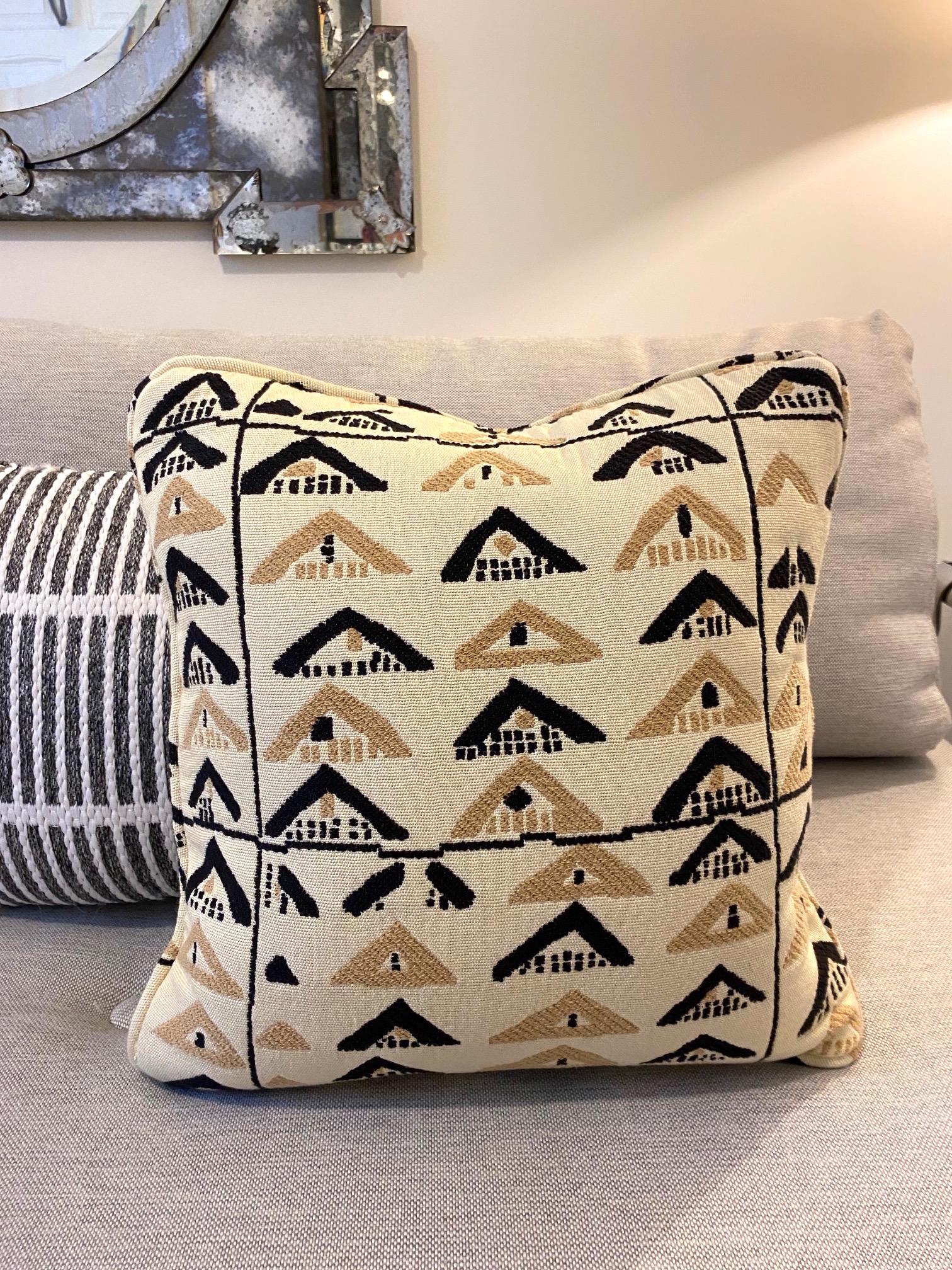 Pierre Frey Throw Pillow with Vintage African Kuba Print in Beige and Black 1