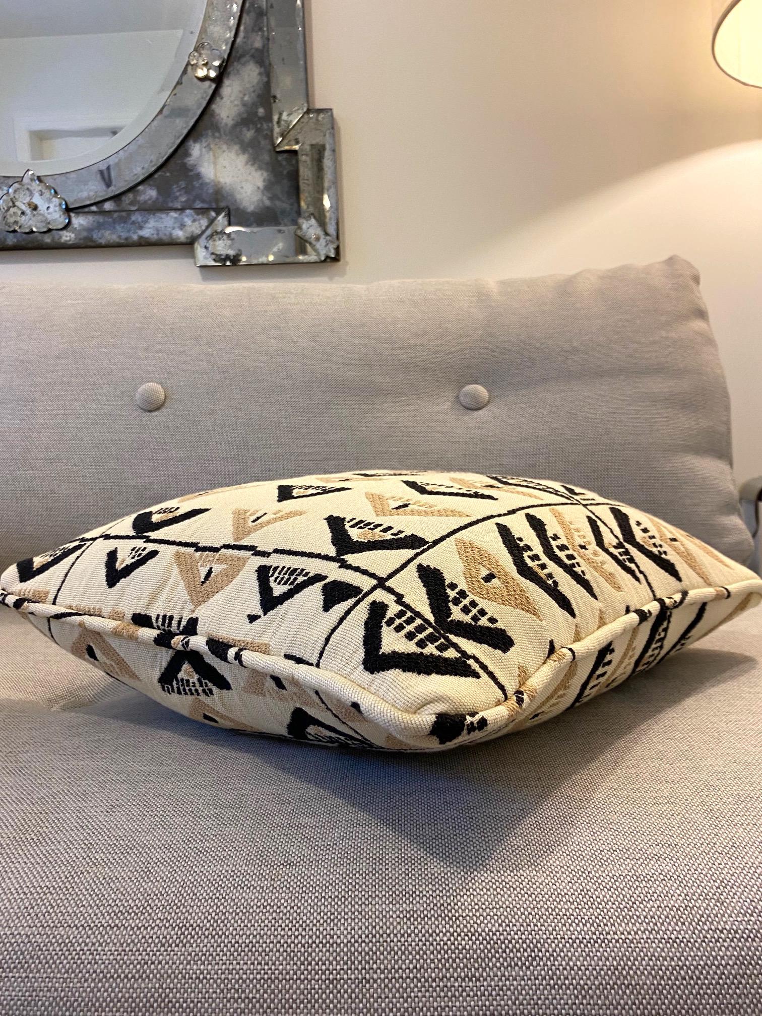 Embroidered Pierre Frey Throw Pillow with Vintage African Kuba Print in Beige and Black
