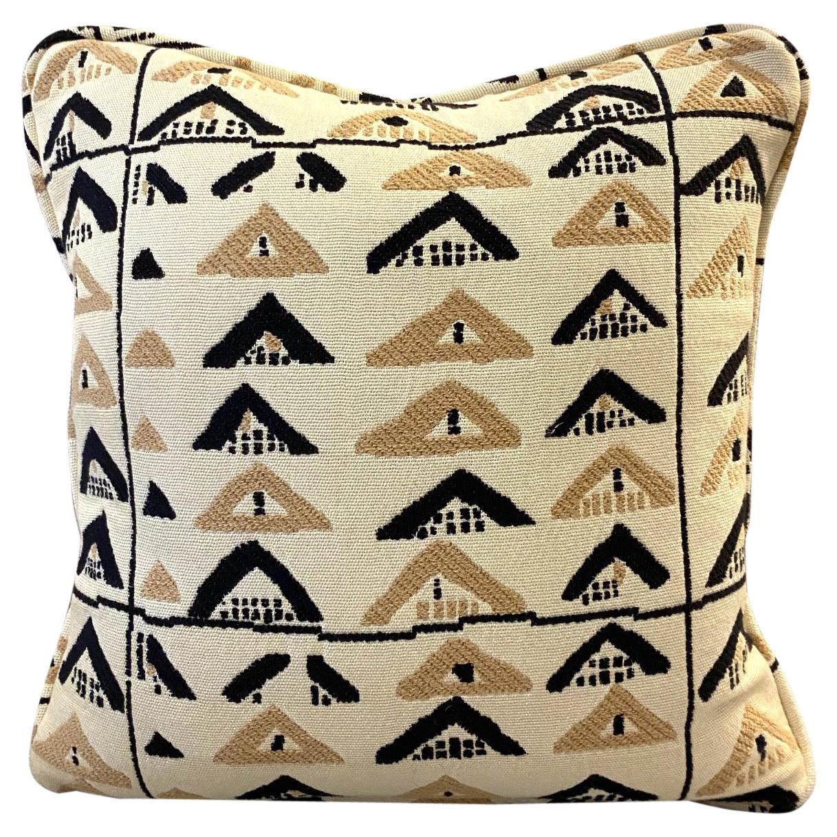 Pierre Frey Throw Pillow with Vintage African Kuba Print in Beige and Black