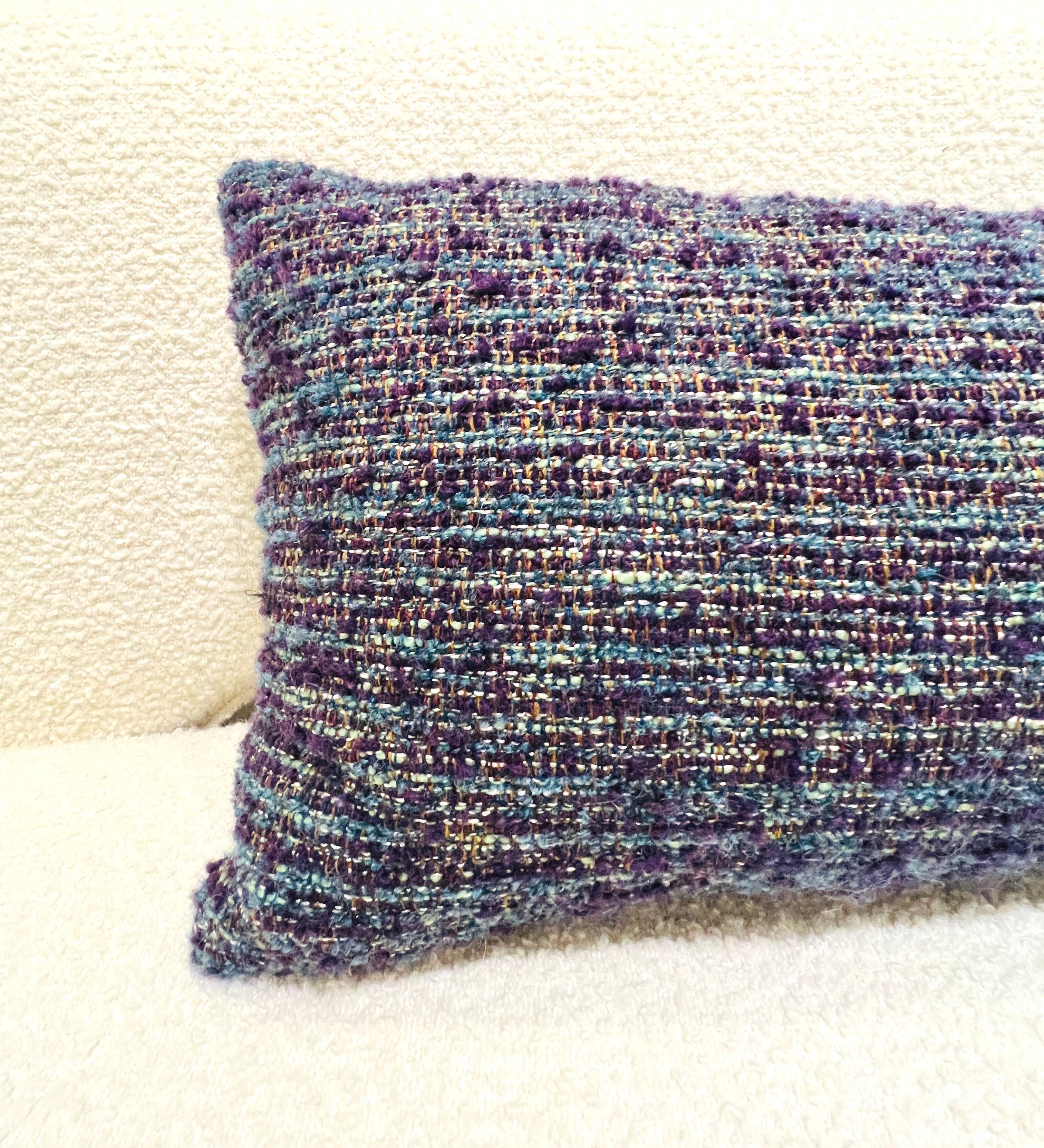 Hand-Crafted Pierre Frey Woven Textured and Boucle Lumbar Pillows in Purple and Aqua For Sale