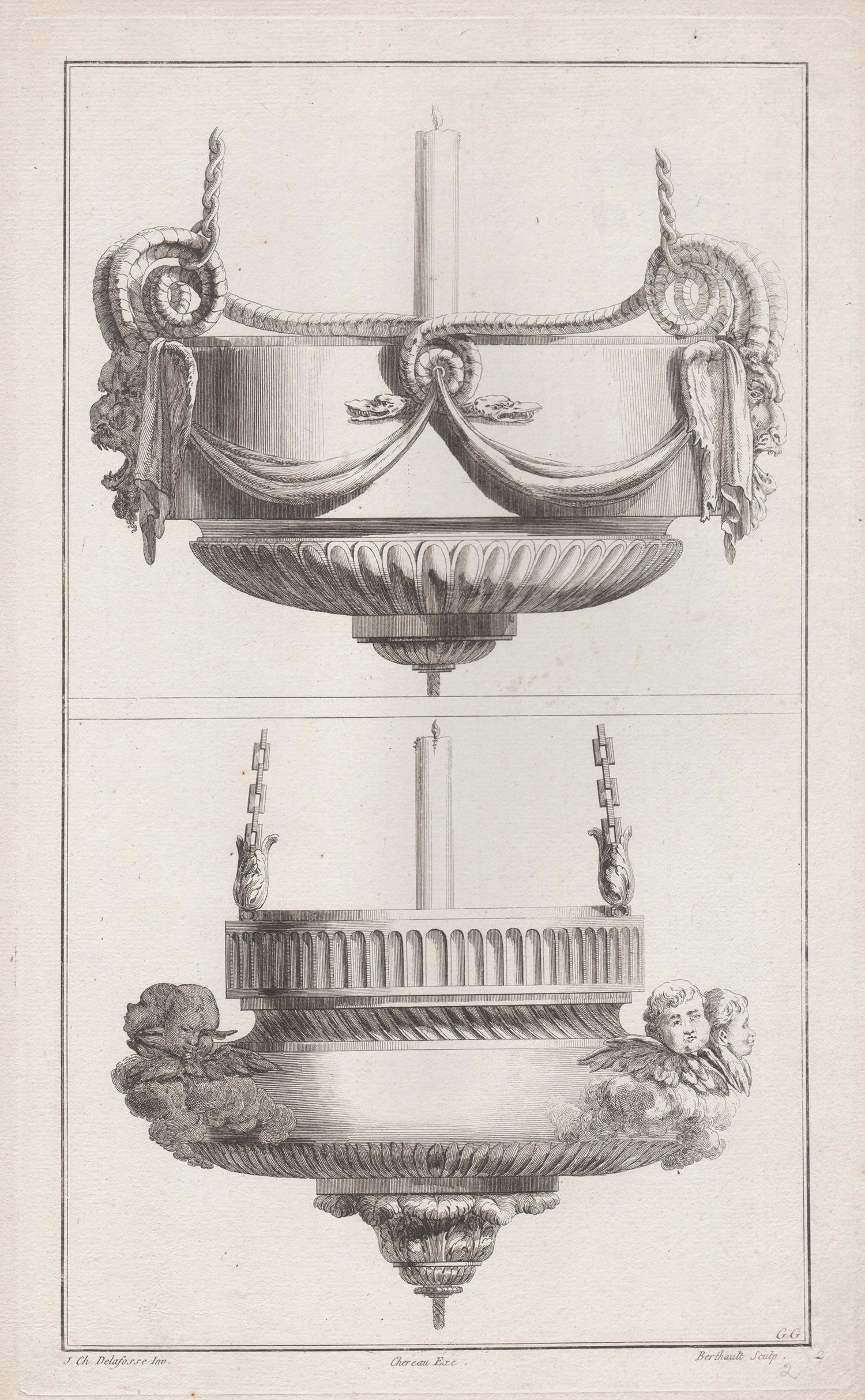 Pierre Gabriel Berthault (1748-1819) after Jean-Charles Delafosse (1734-1791) Interior Print – Französisches neoklassizistisches Design-Gravur für Messer