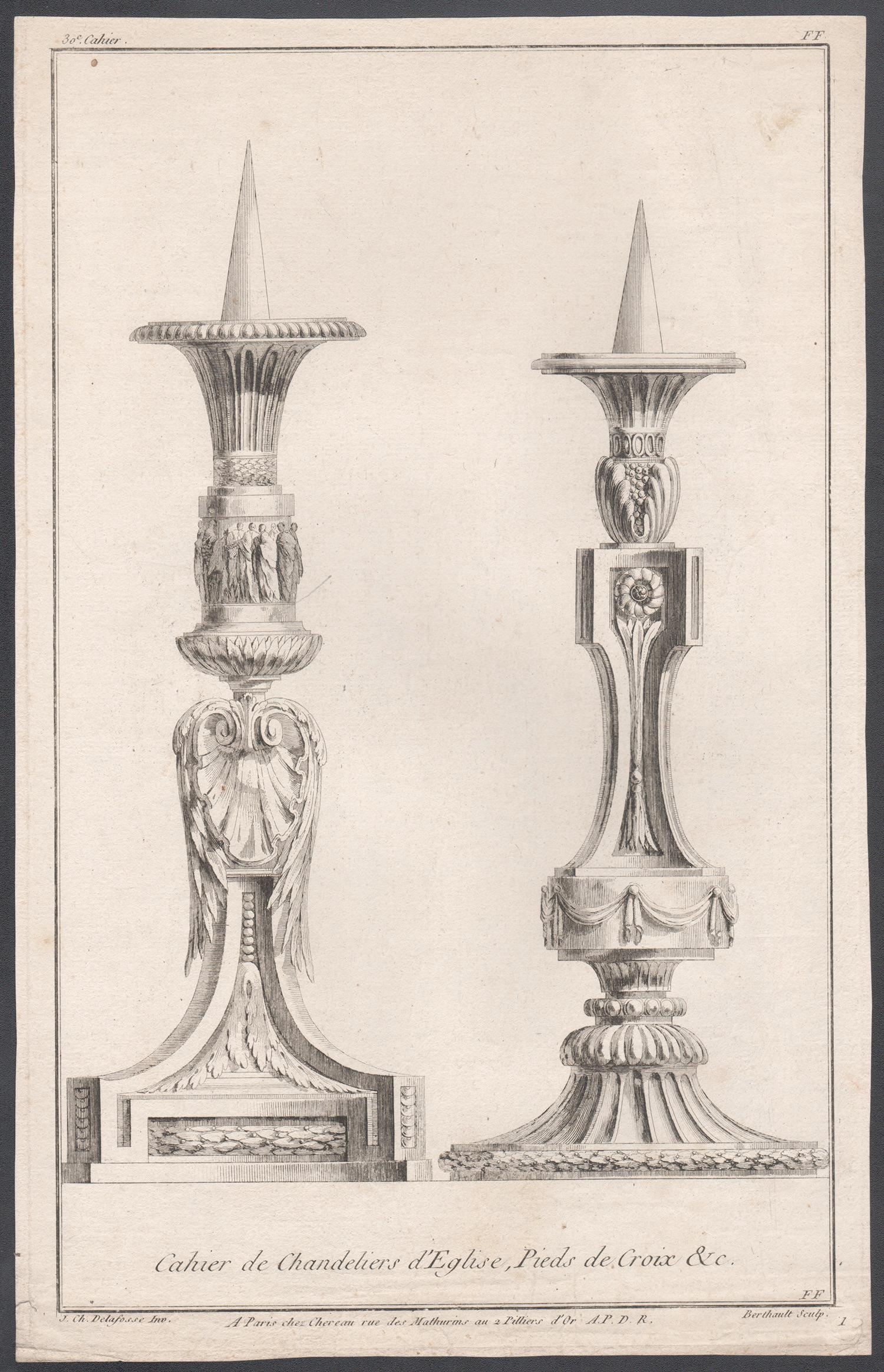 Französisches neoklassizistisches Design für Kerzenständer, Gravur nach Delafosse – Print von Pierre Gabriel Berthault (1748-1819) after Jean-Charles Delafosse (1734-1791)