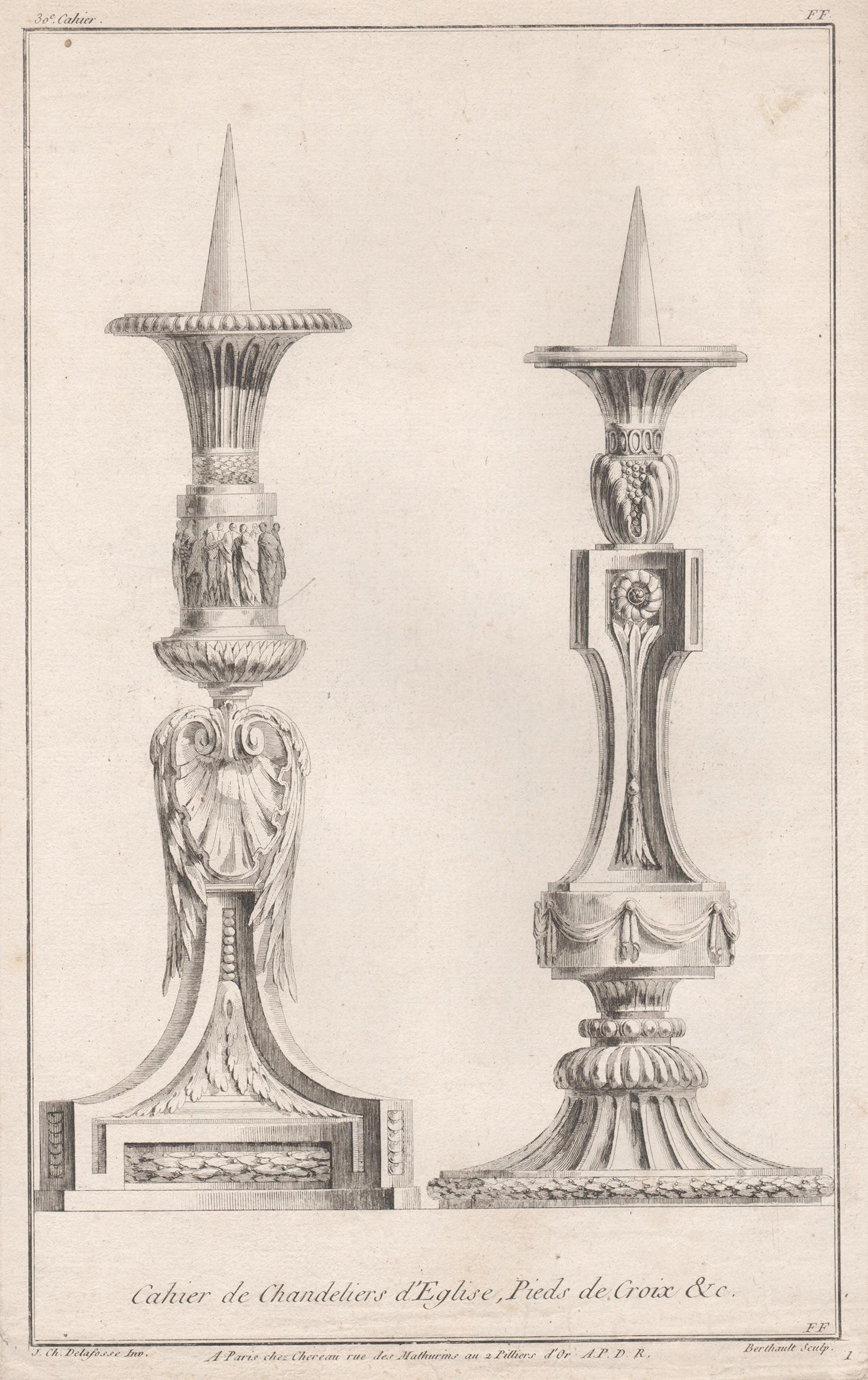 Pierre Gabriel Berthault (1748-1819) after Jean-Charles Delafosse (1734-1791) Print – Französisches neoklassizistisches Design für Kerzenständer, Gravur nach Delafosse