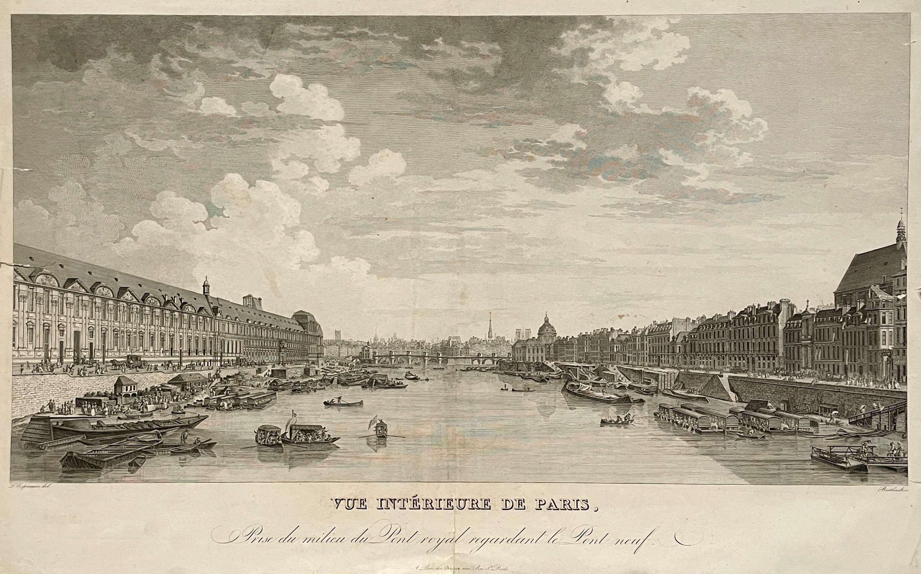 Pierre Gabriel Berthault Landscape Print - Vue intérieure de Paris prise du milieu du Pont Royal regardant le Pont Neuf