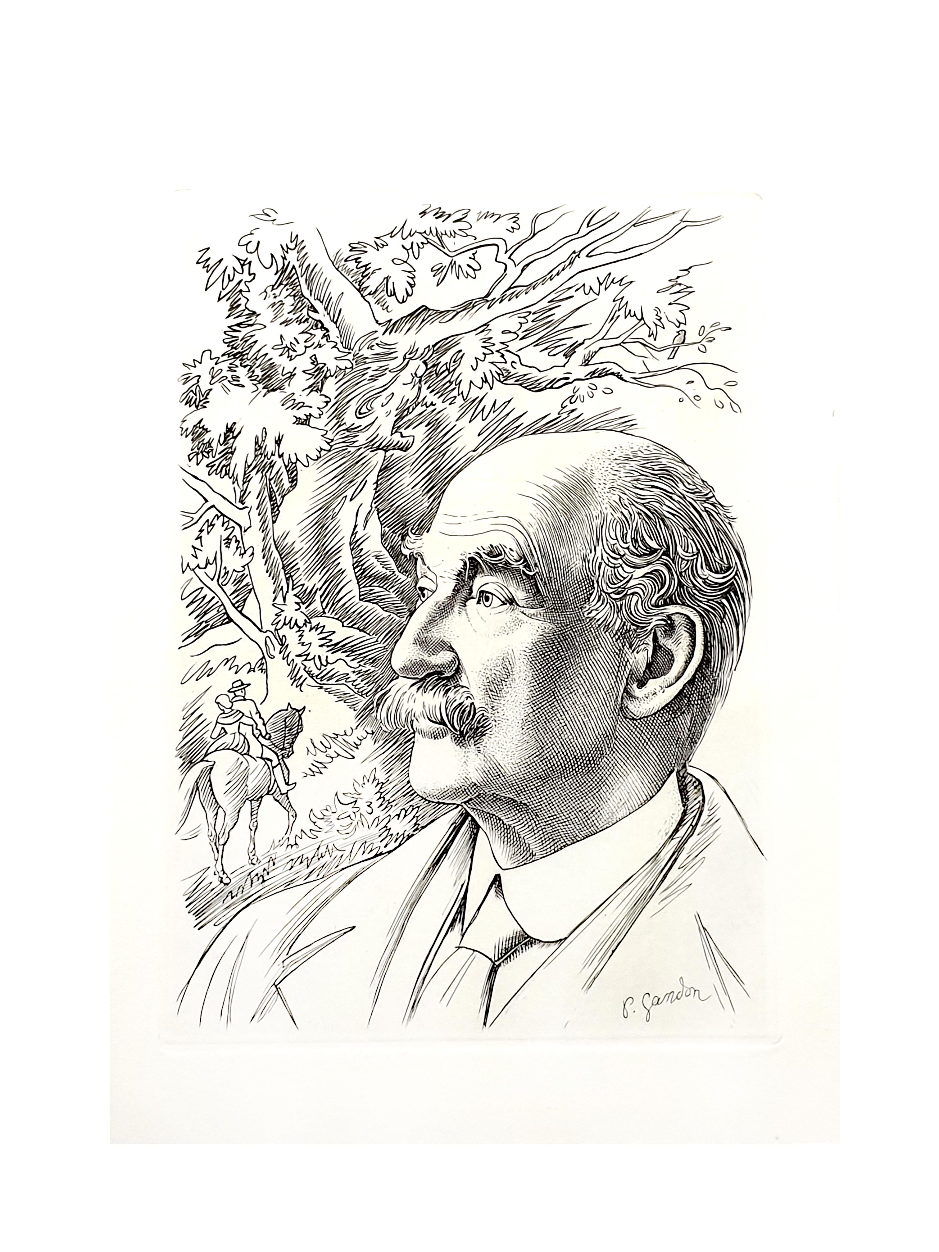 Pierre Gandon - Portrait - Lithographie originale
1956
Signé dans la plaque
Dimensions : 22 x 16 cm 
Éditeur : Sauret.
Frontispice de Tess of the d'Urbervilles