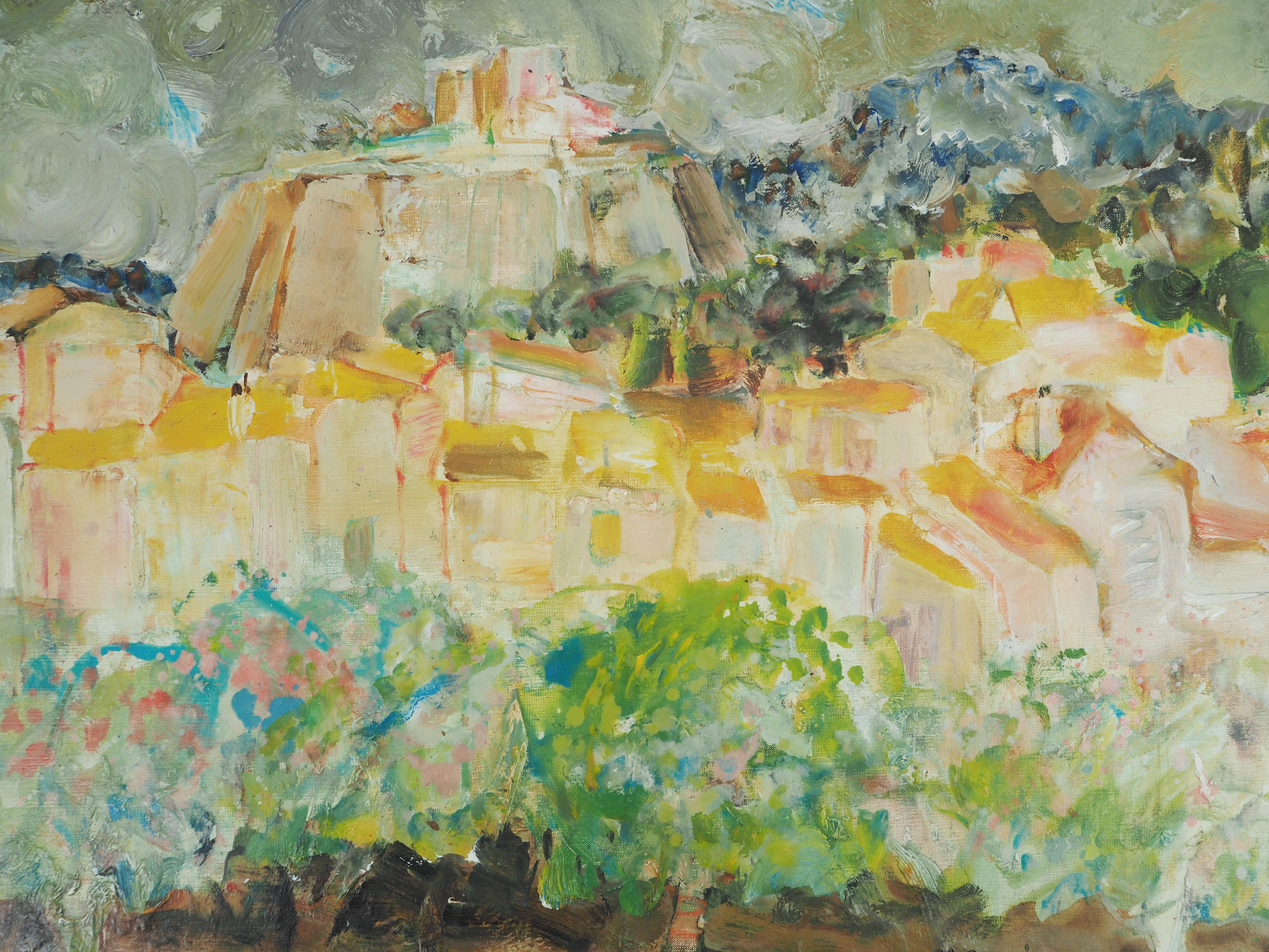 Côte d'Azur : petit village sur une montagne - Huile originale sur toile, signée - Painting de Pierre Garcia Fons