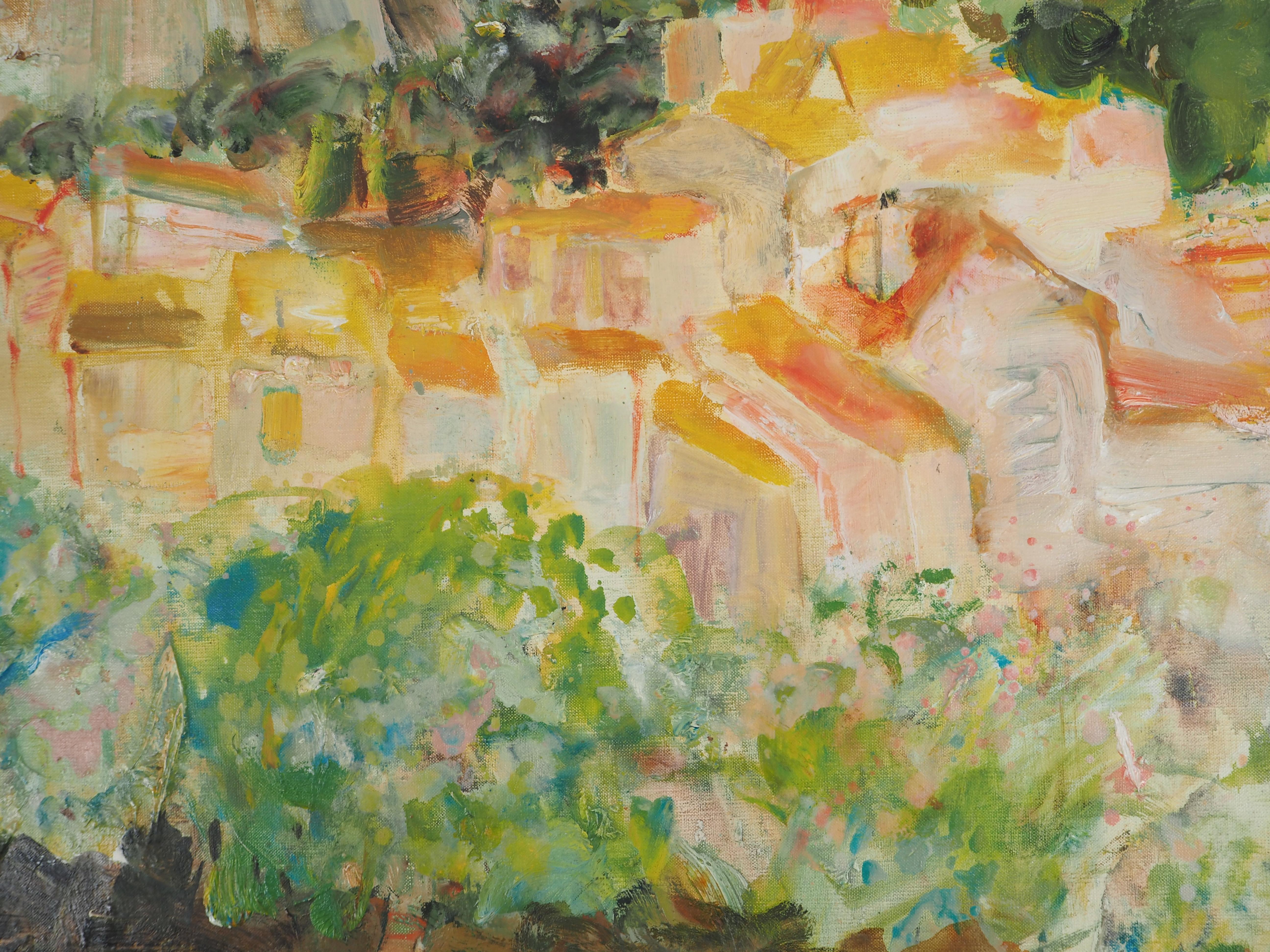 Côte d'Azur : petit village sur une montagne - Huile originale sur toile, signée - Post-impressionnisme Painting par Pierre Garcia Fons