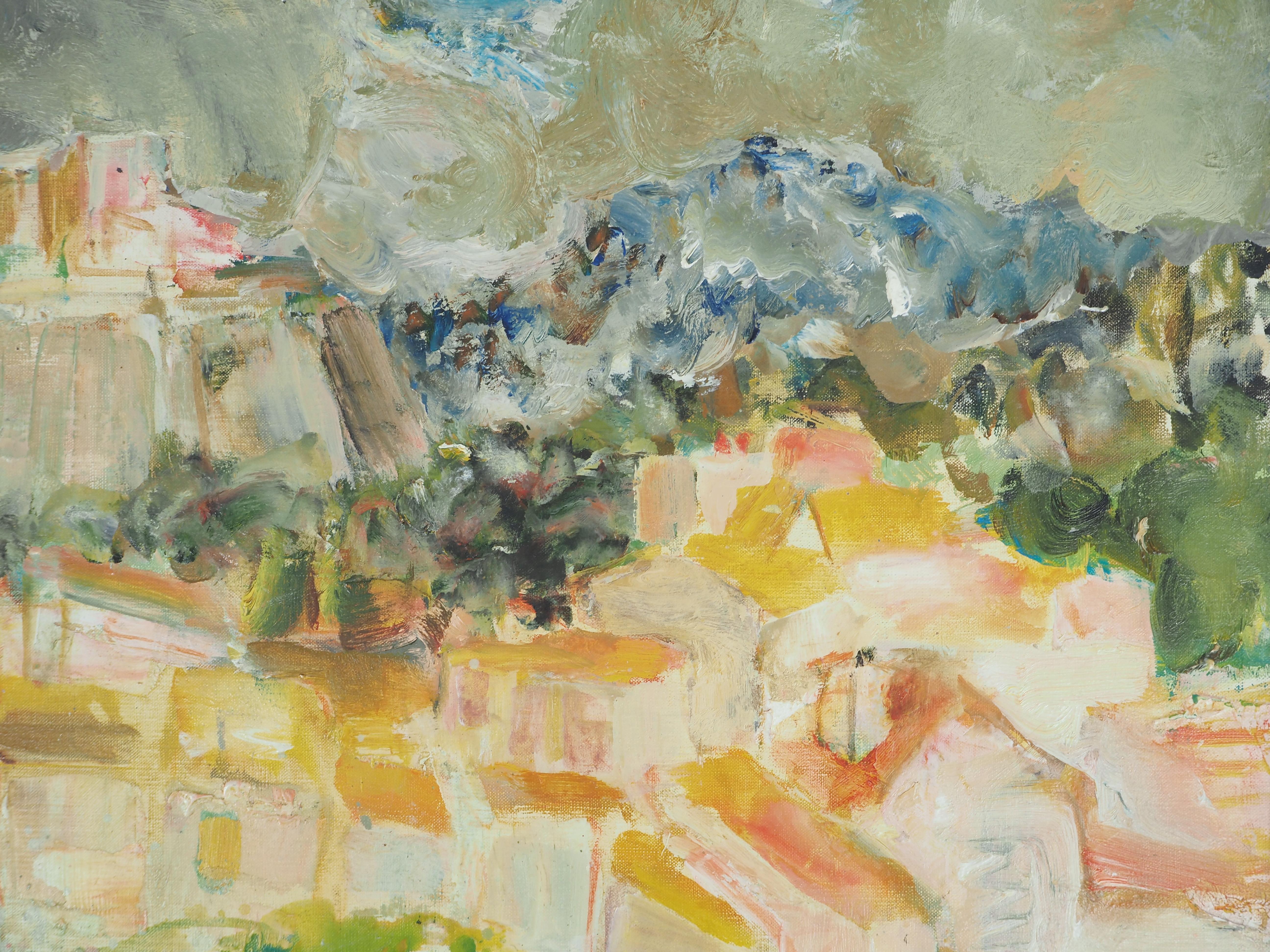 Côte d'Azur : petit village sur une montagne - Huile originale sur toile, signée - Marron Landscape Painting par Pierre Garcia Fons