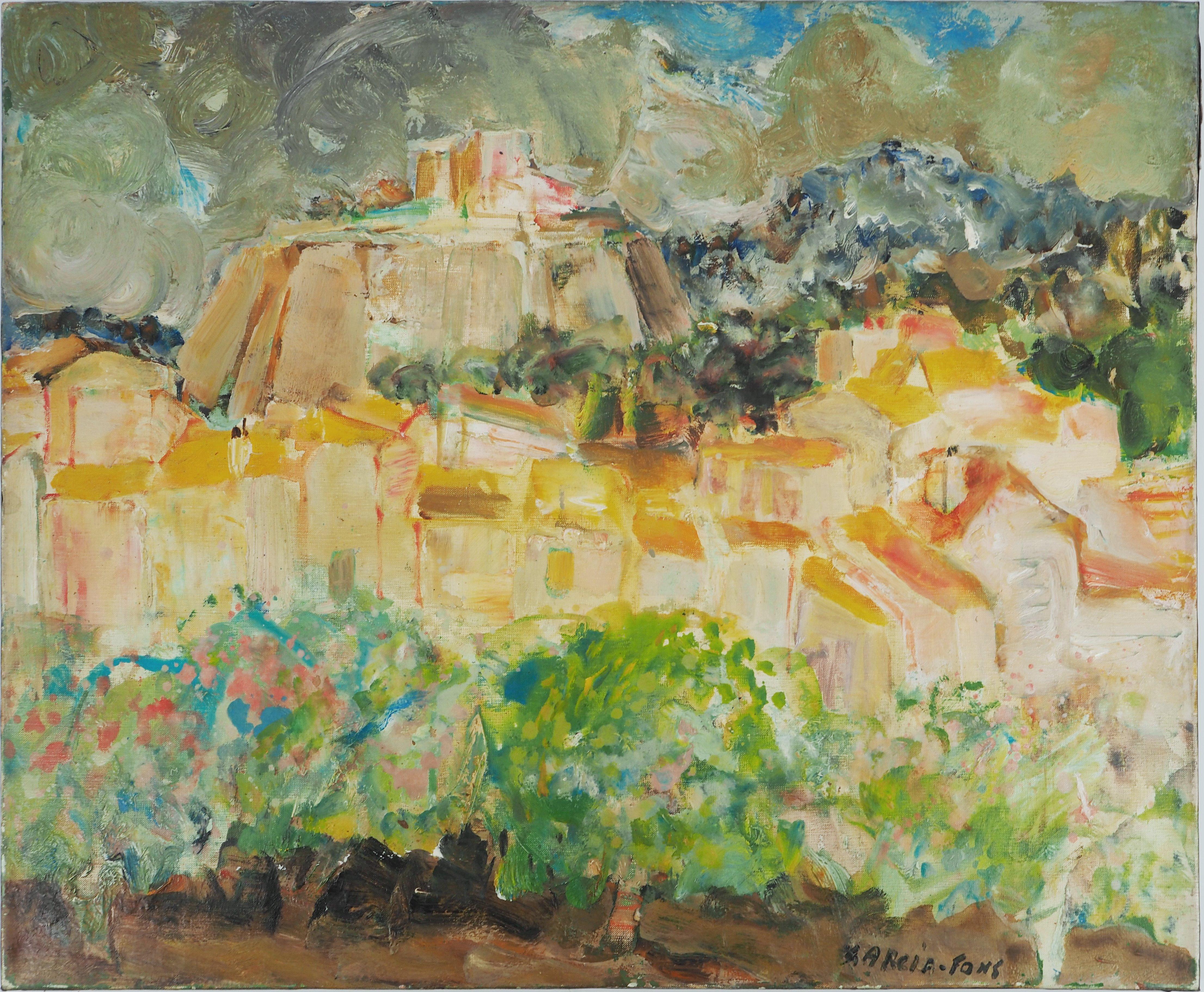 Landscape Painting Pierre Garcia Fons - Côte d'Azur : petit village sur une montagne - Huile originale sur toile, signée