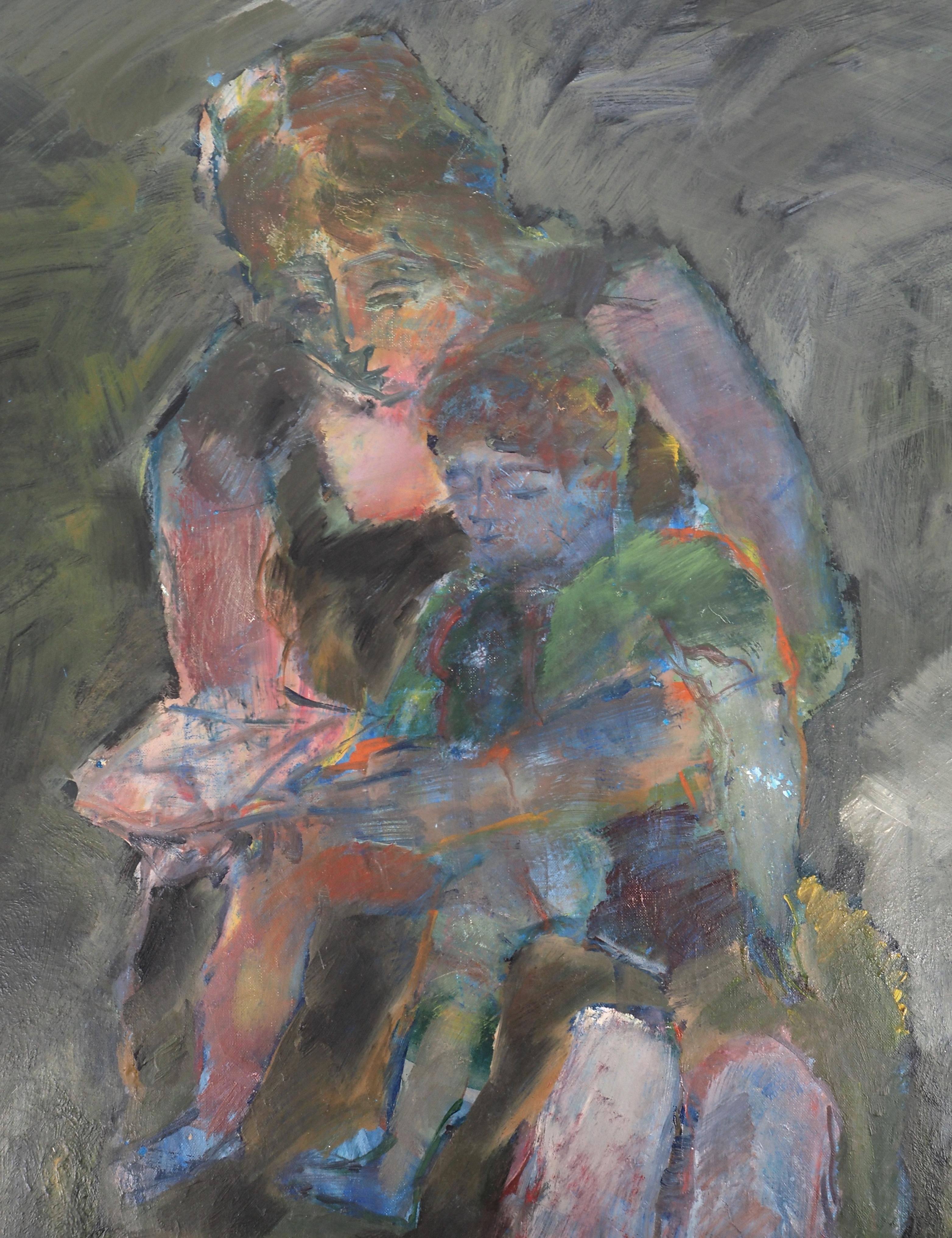 Maternity : Mother and Son Reading - Original oil on canvas, Signed - Post-Impressionist Painting by Pierre Garcia Fons