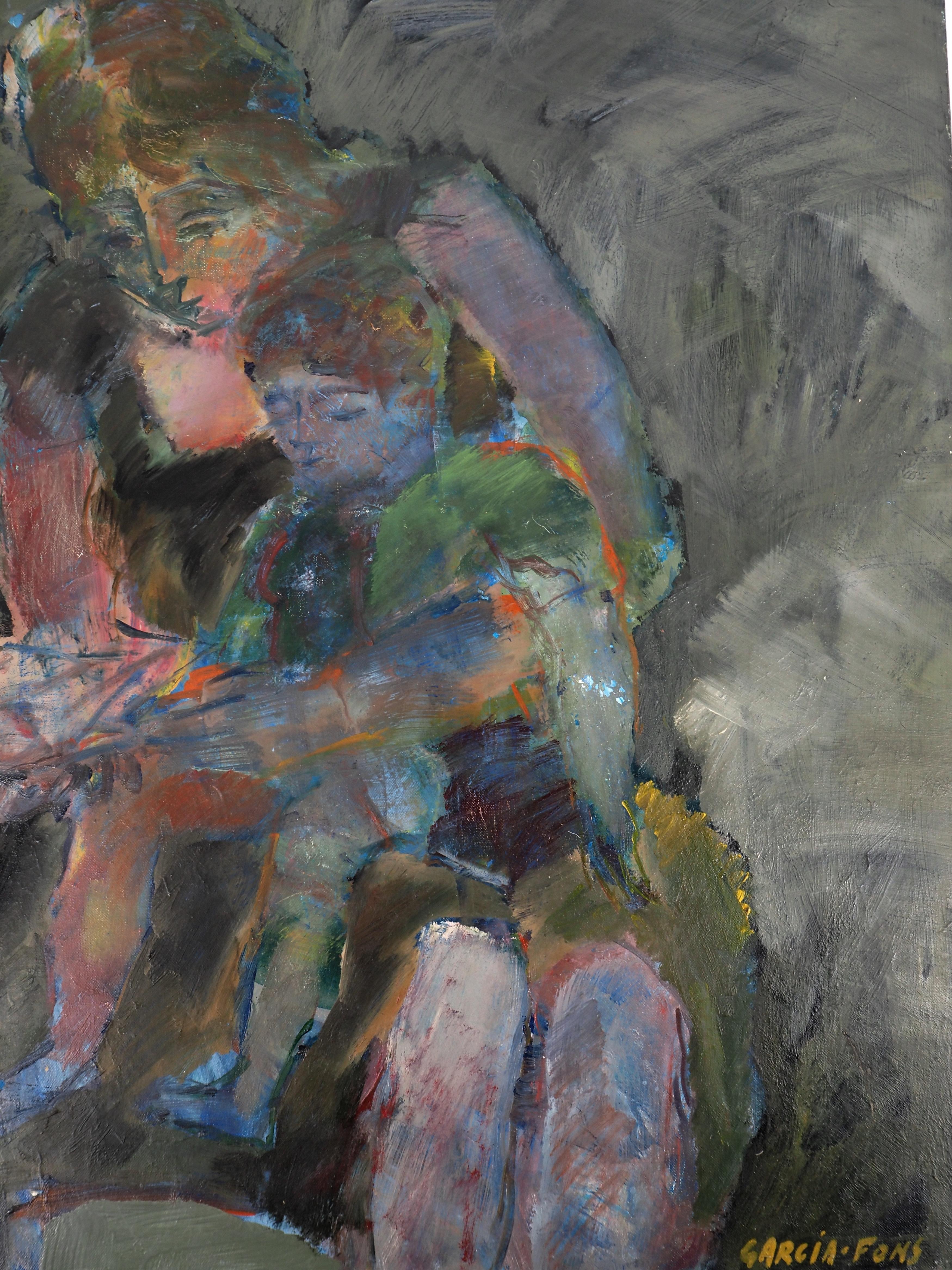 Maternity : Mother and Son Reading - Original oil on canvas, Signed - Gray Portrait Painting by Pierre Garcia Fons