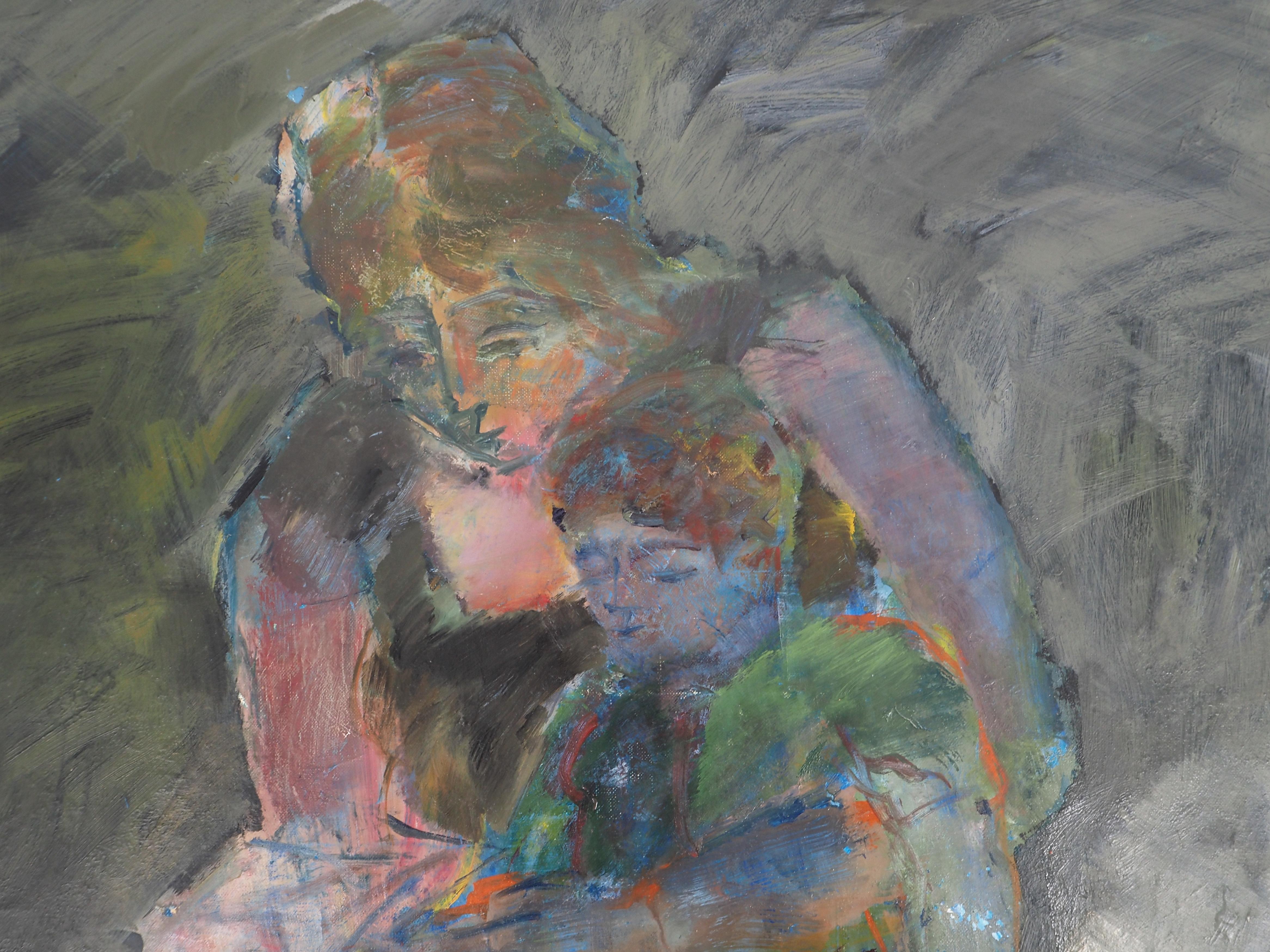 Maternity : Mother and Son Reading - Original oil on canvas, Signed For Sale 1