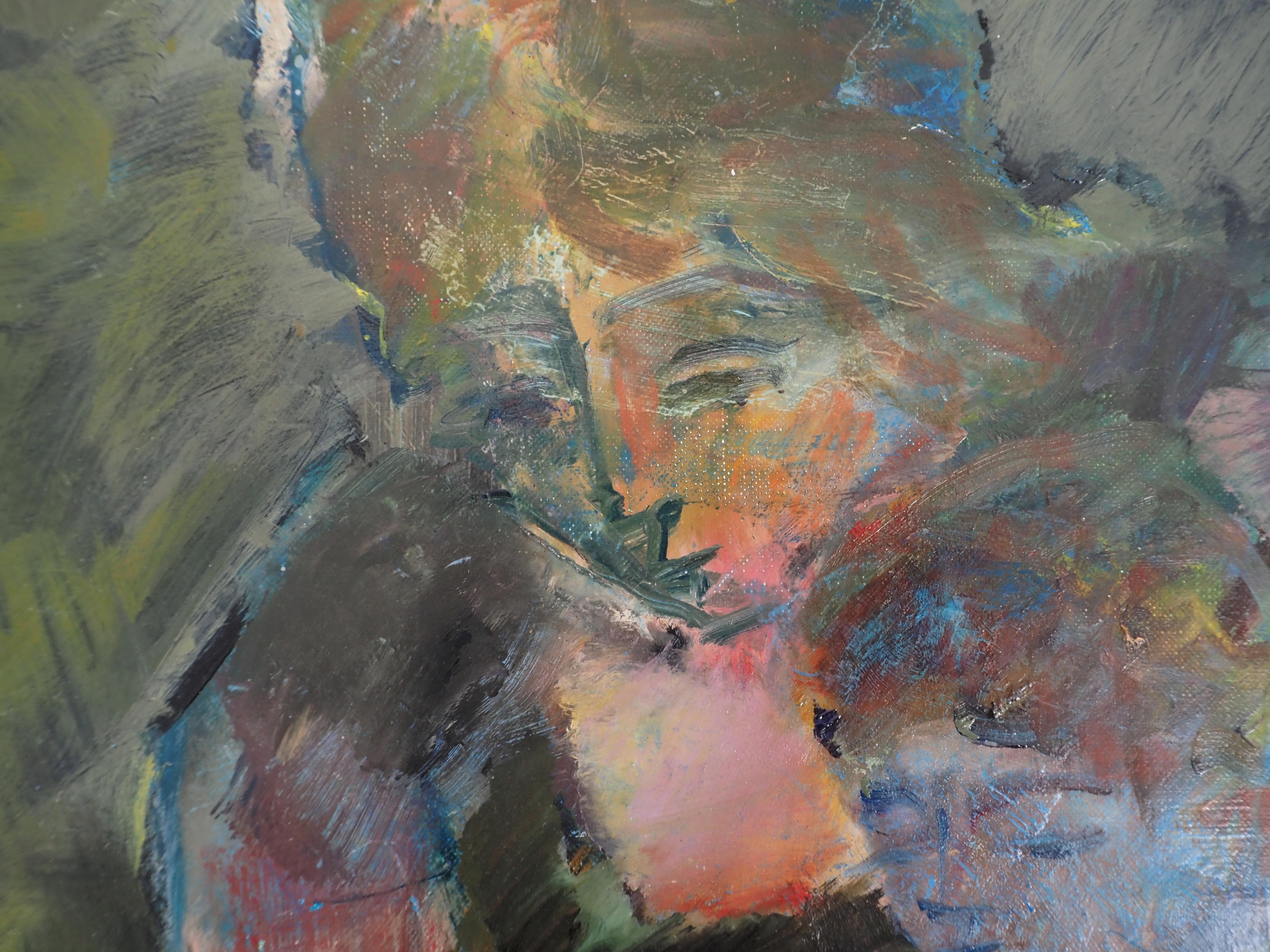 Maternity : Mother and Son Reading - Original oil on canvas, Signed For Sale 2