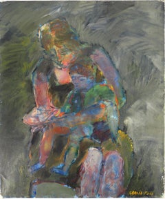 Maternity : Mother and Son Reading - Huile sur toile originale, signée