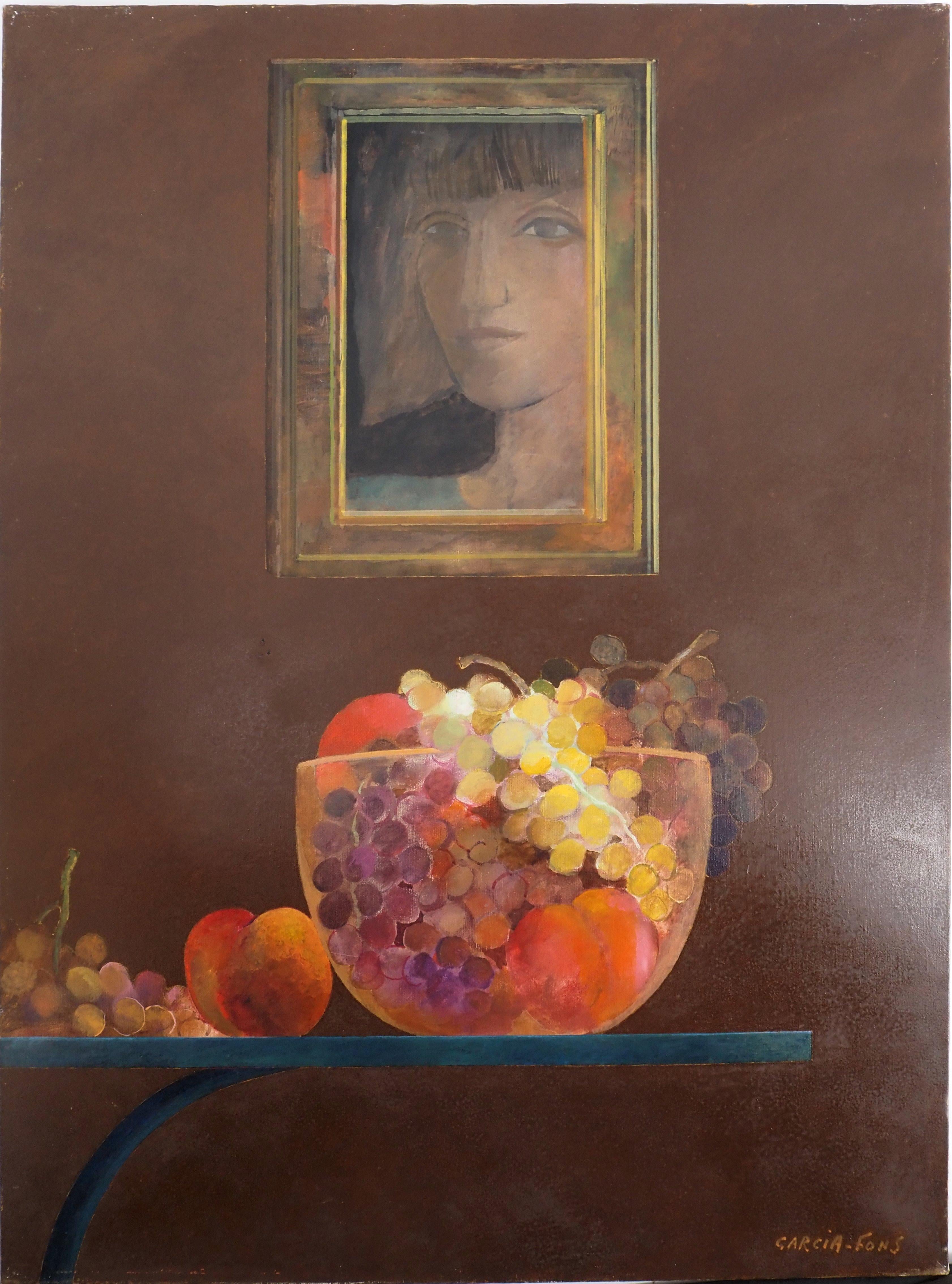 Pierre Garcia Fons Figurative Painting – Porträt : Obst und Spiegel - Original Öl auf Leinwand, Signiert 