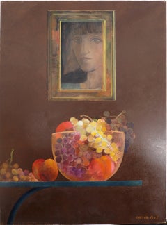Vintage Portrait : Fruit and Mirror - Original oil on canvas, Signed 