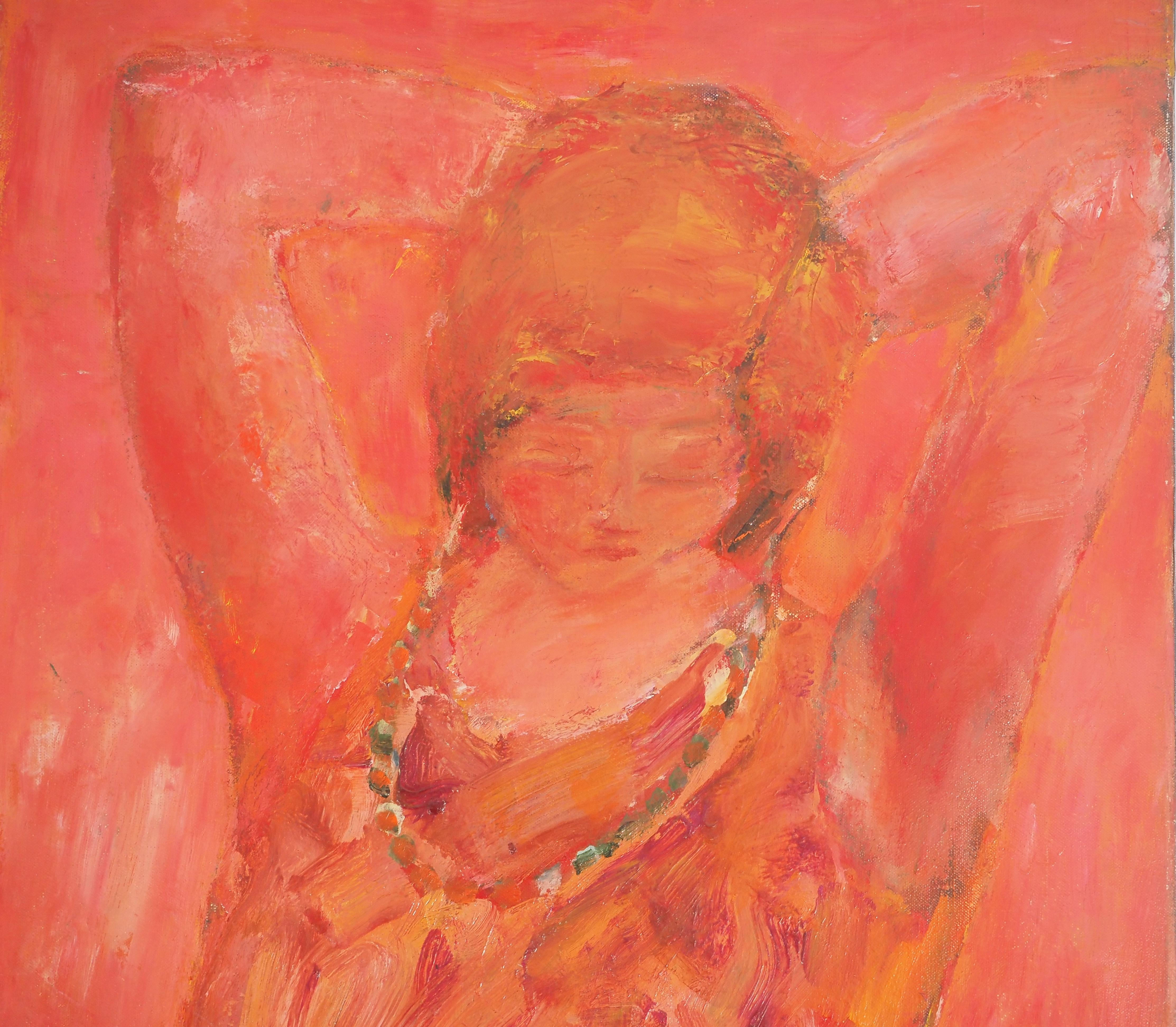 Rotes junges Mädchen mit Halskette – Original Ölgemälde auf Leinwand, signiert im Angebot 5