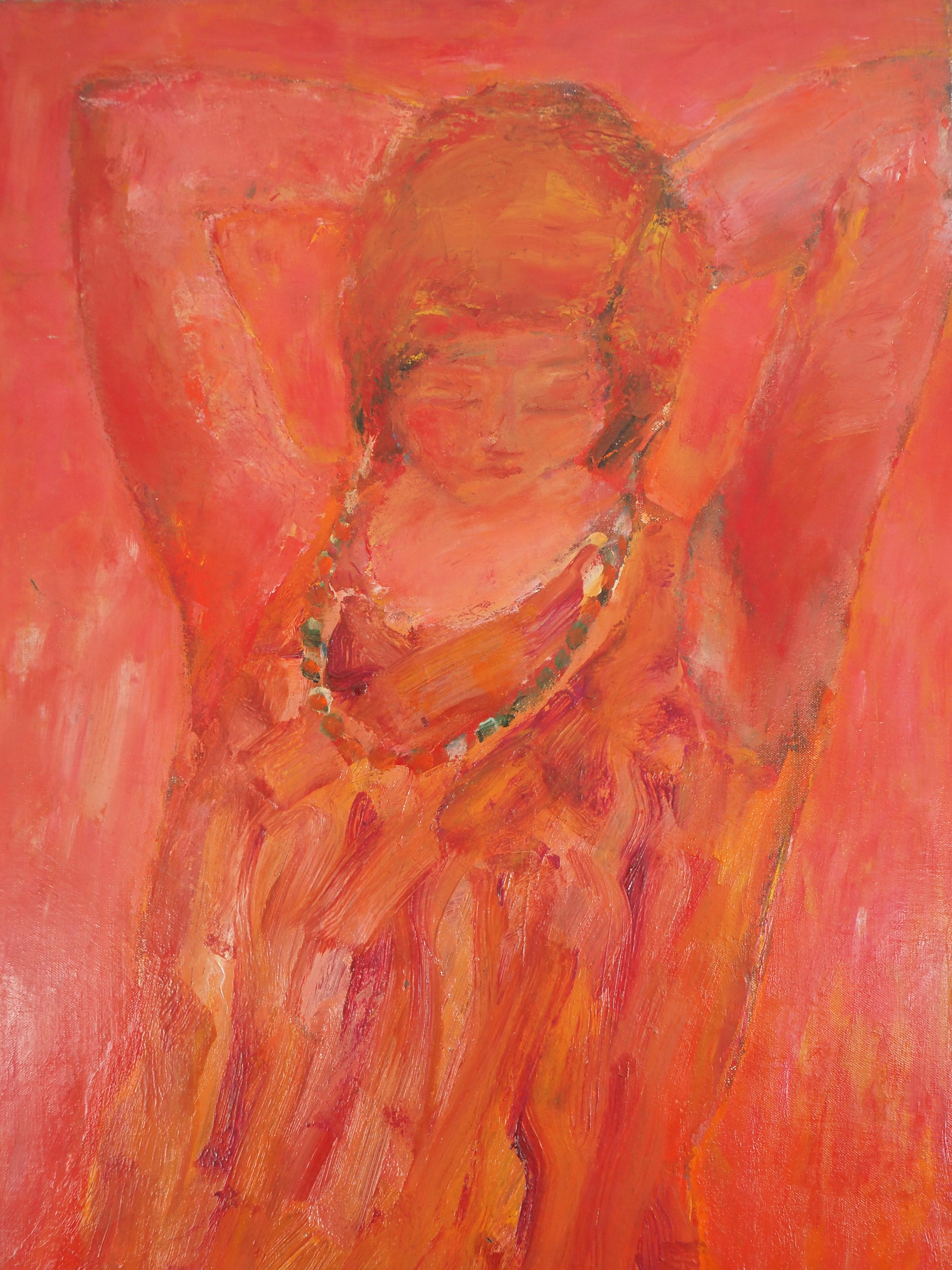 Rotes junges Mädchen mit Halskette – Original Ölgemälde auf Leinwand, signiert (Orange), Interior Painting, von Pierre Garcia Fons