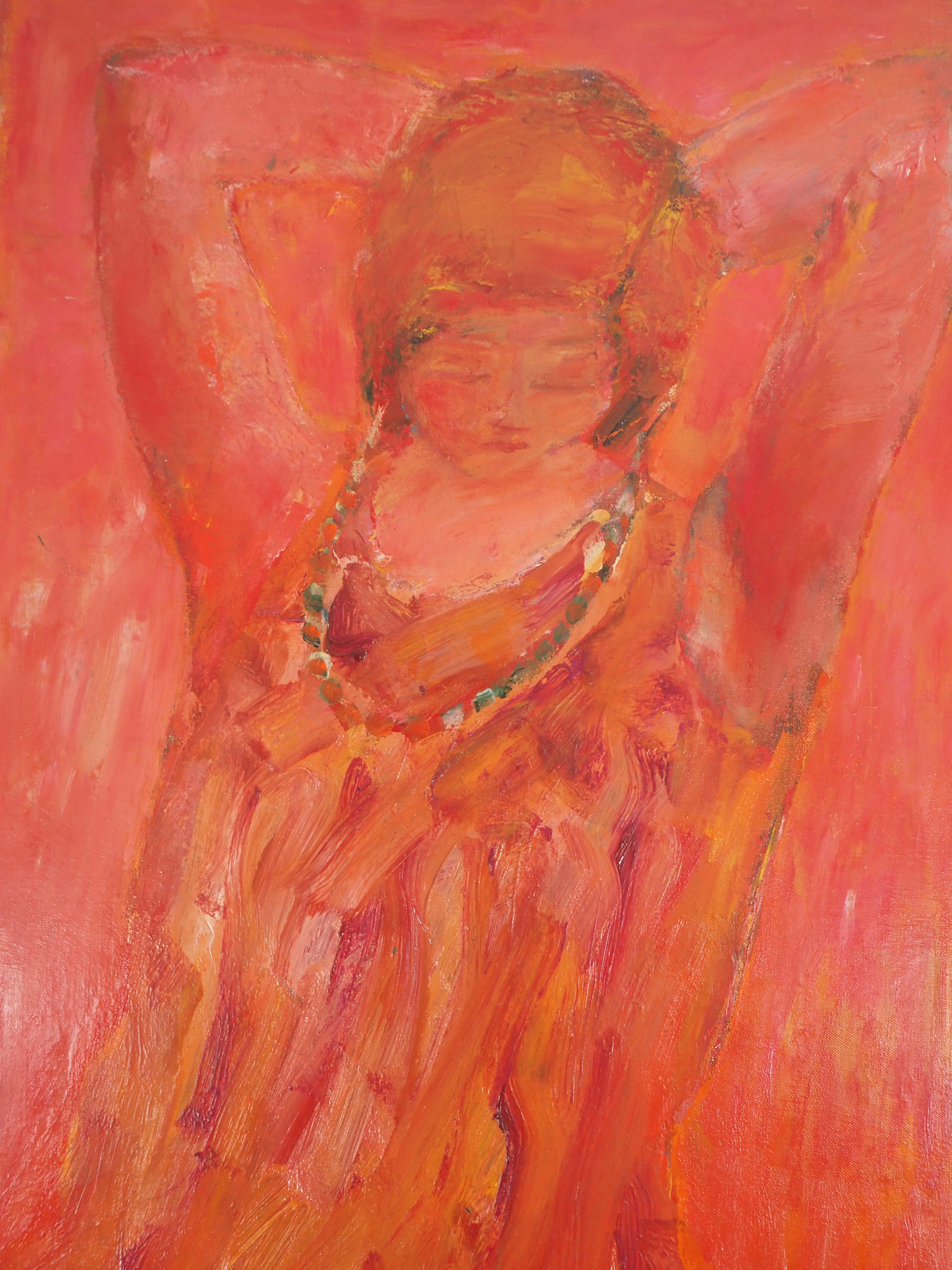 Rotes junges Mädchen mit Halskette – Original Ölgemälde auf Leinwand, signiert im Angebot 1