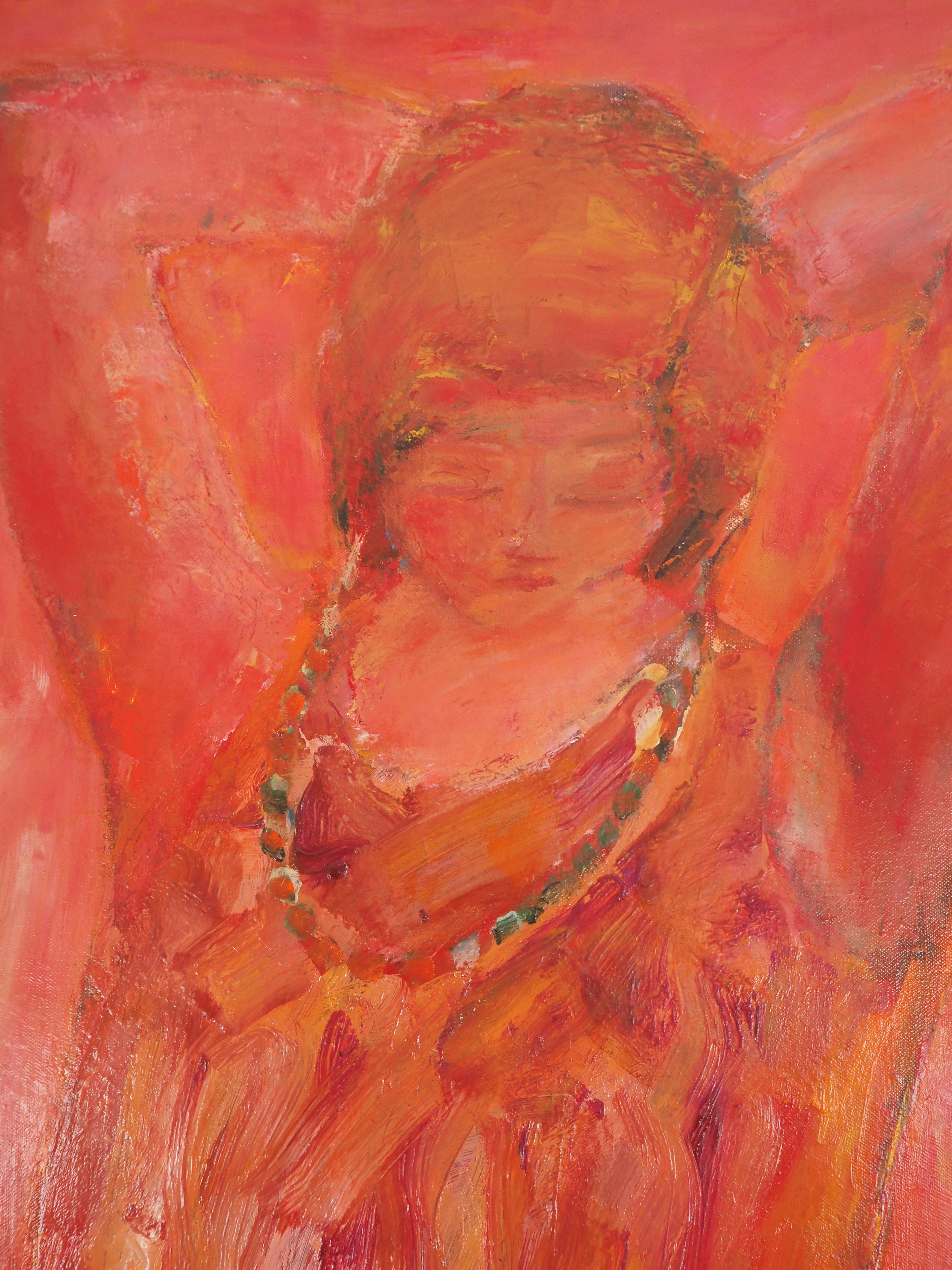 Rotes junges Mädchen mit Halskette – Original Ölgemälde auf Leinwand, signiert im Angebot 3