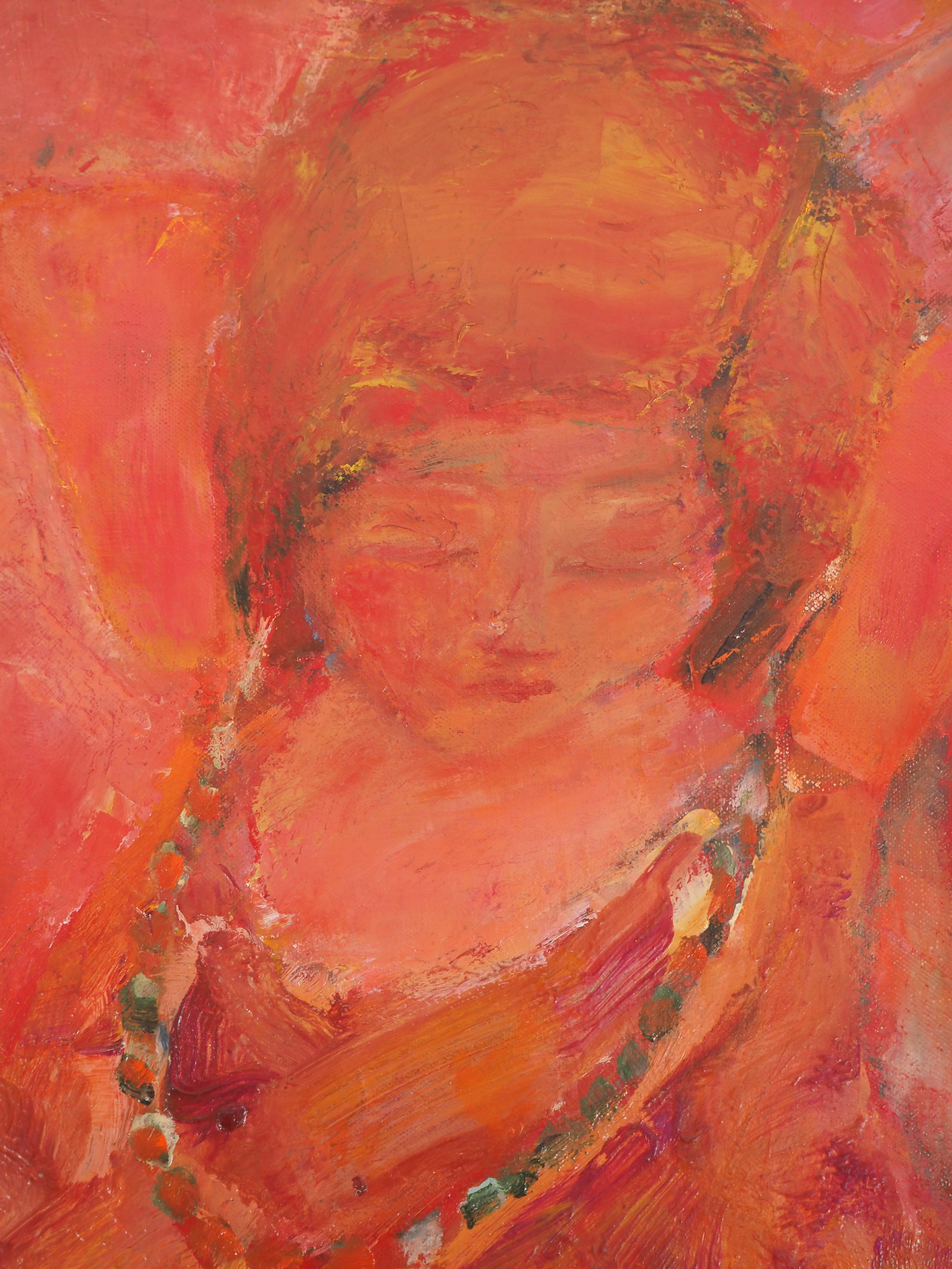 Rotes junges Mädchen mit Halskette – Original Ölgemälde auf Leinwand, signiert im Angebot 4