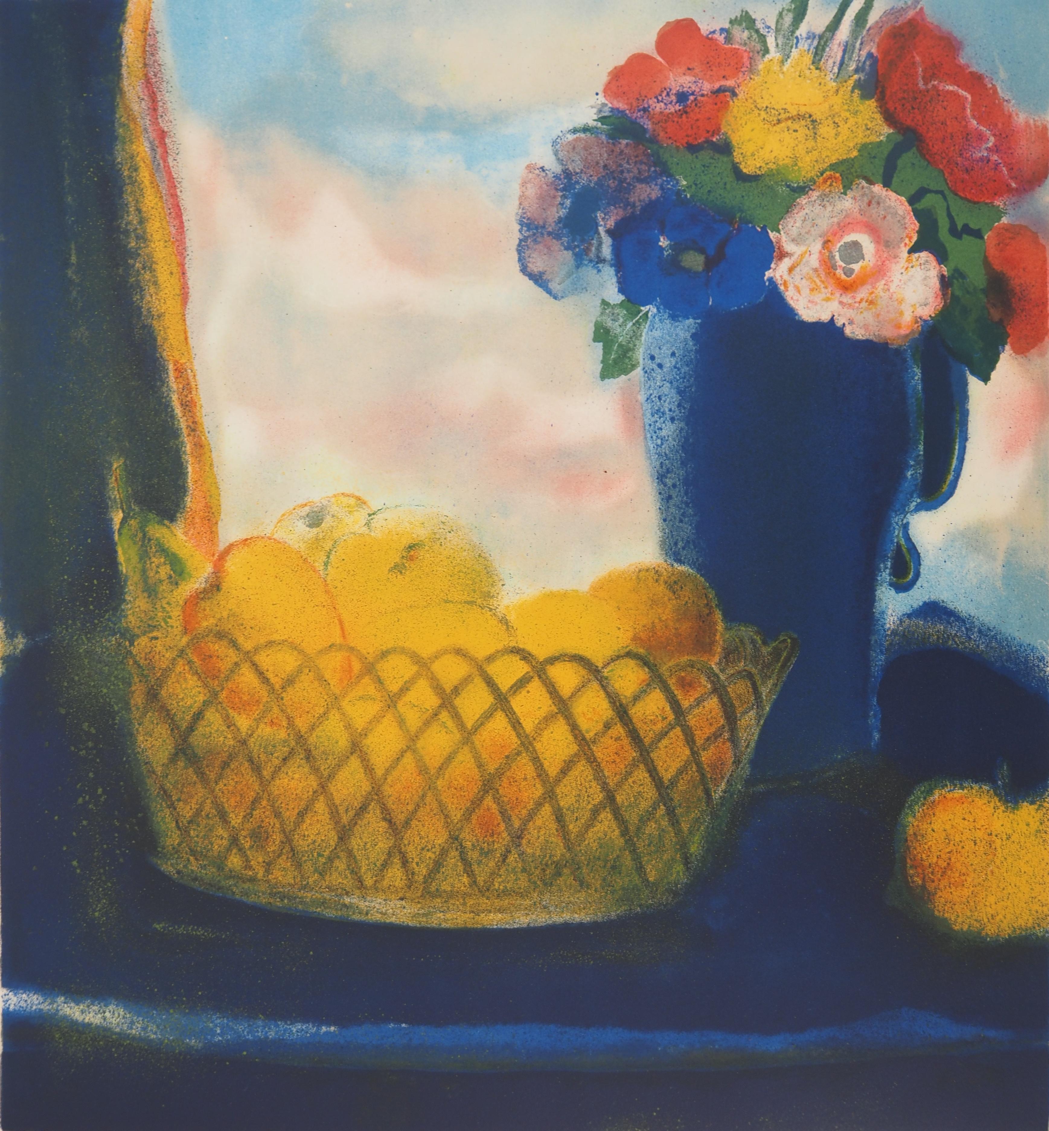 Cesta de frutas y ramo de flores - Litografía original, Firmada en venta 1