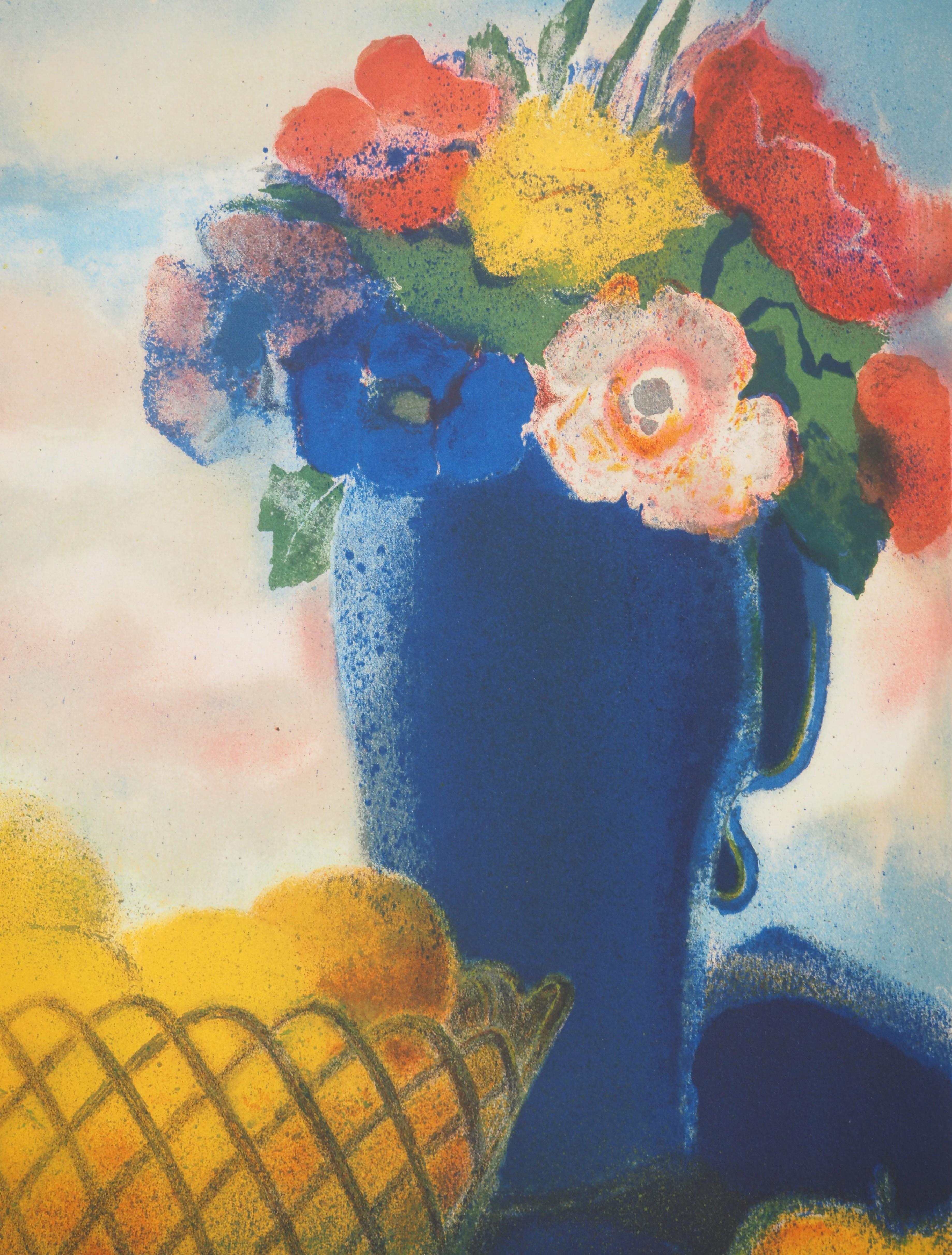 Cesta de frutas y ramo de flores - Litografía original, Firmada en venta 2
