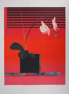 Pot de fleurs sur fond rouge - Lithographie originale, Signée