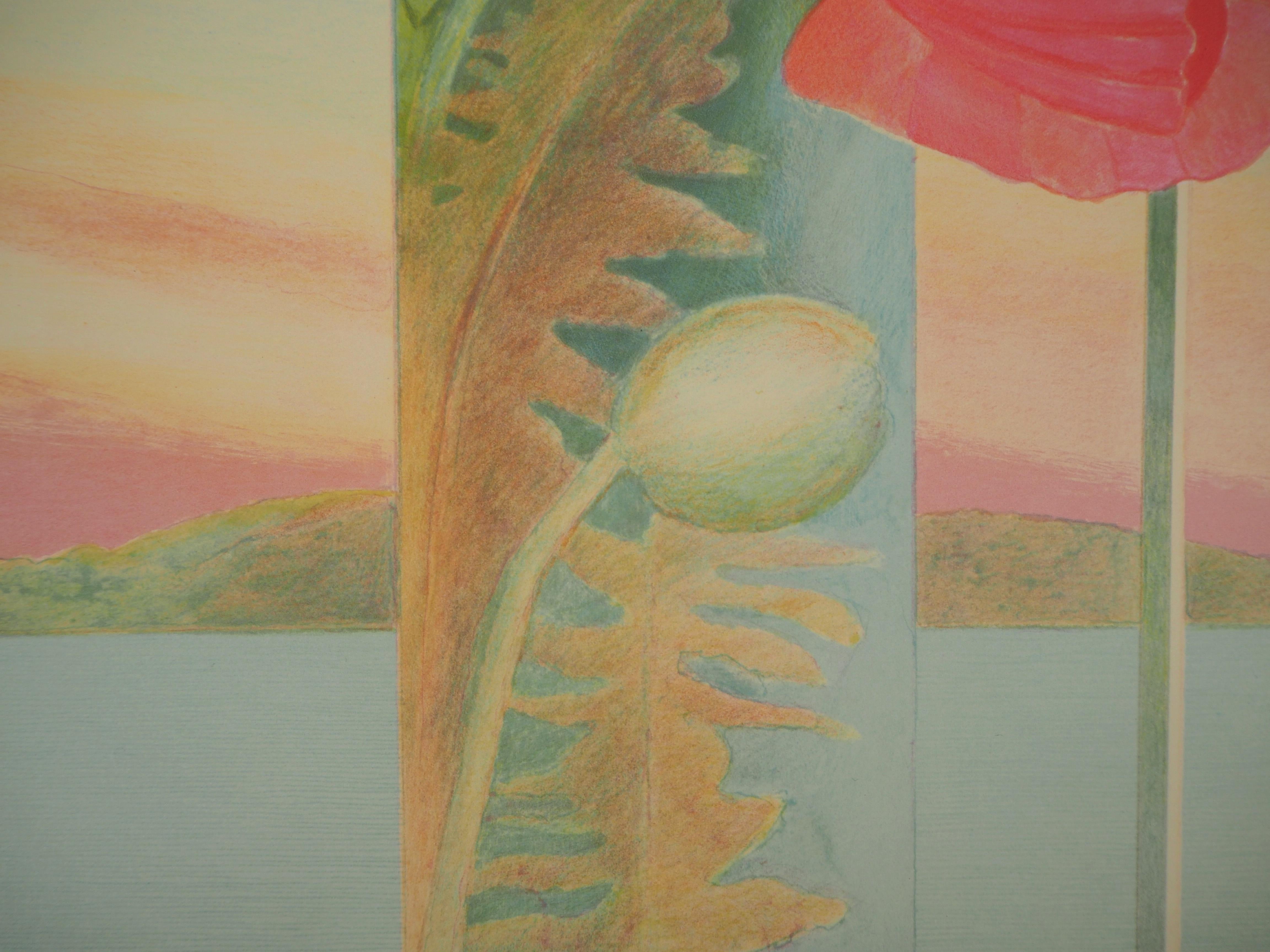 Papaveri - Litografia originale, firmata - Still-Life Print Marrone di Pierre Garcia Fons