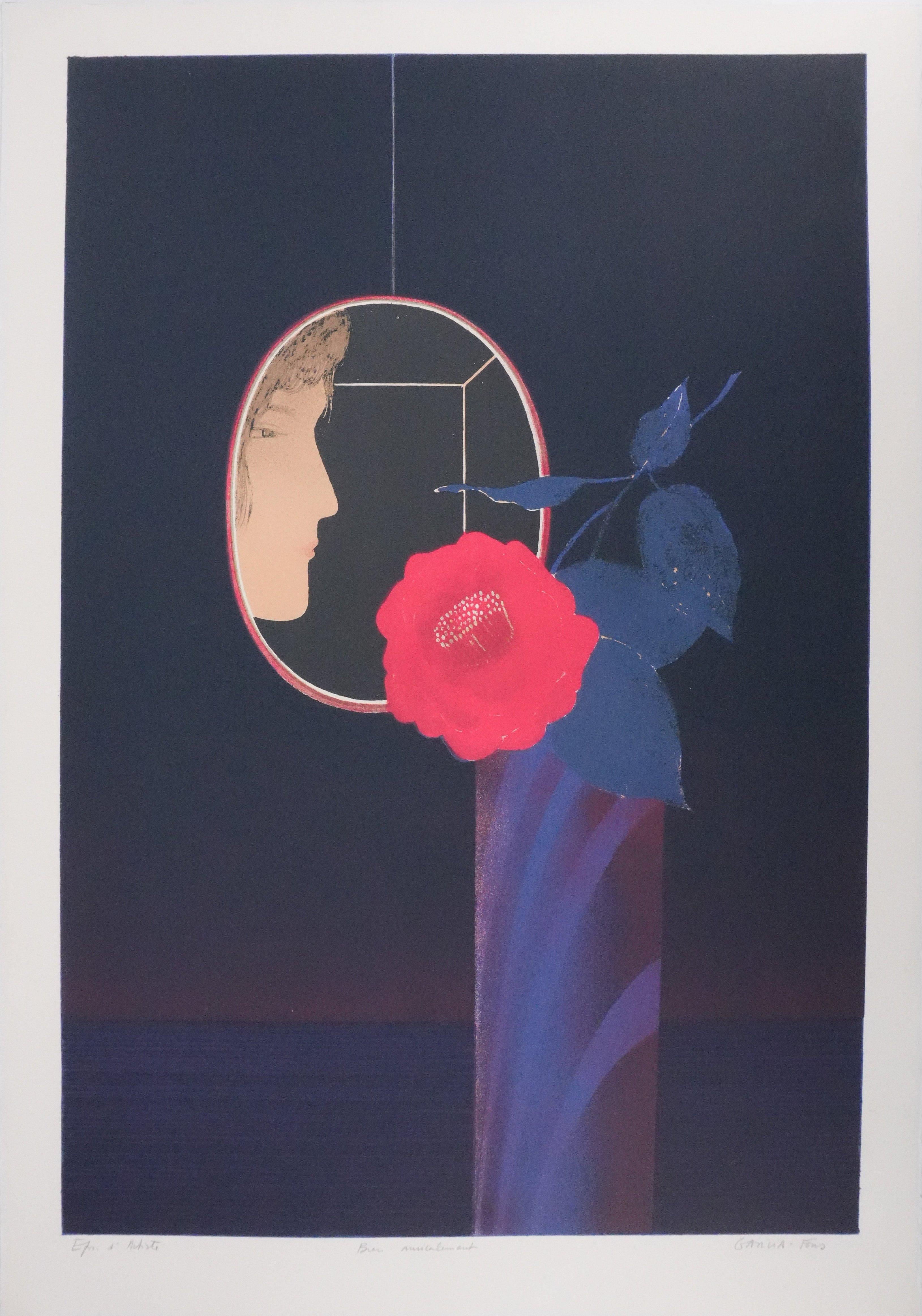 Woman with a rose - Original lithograph, Signed