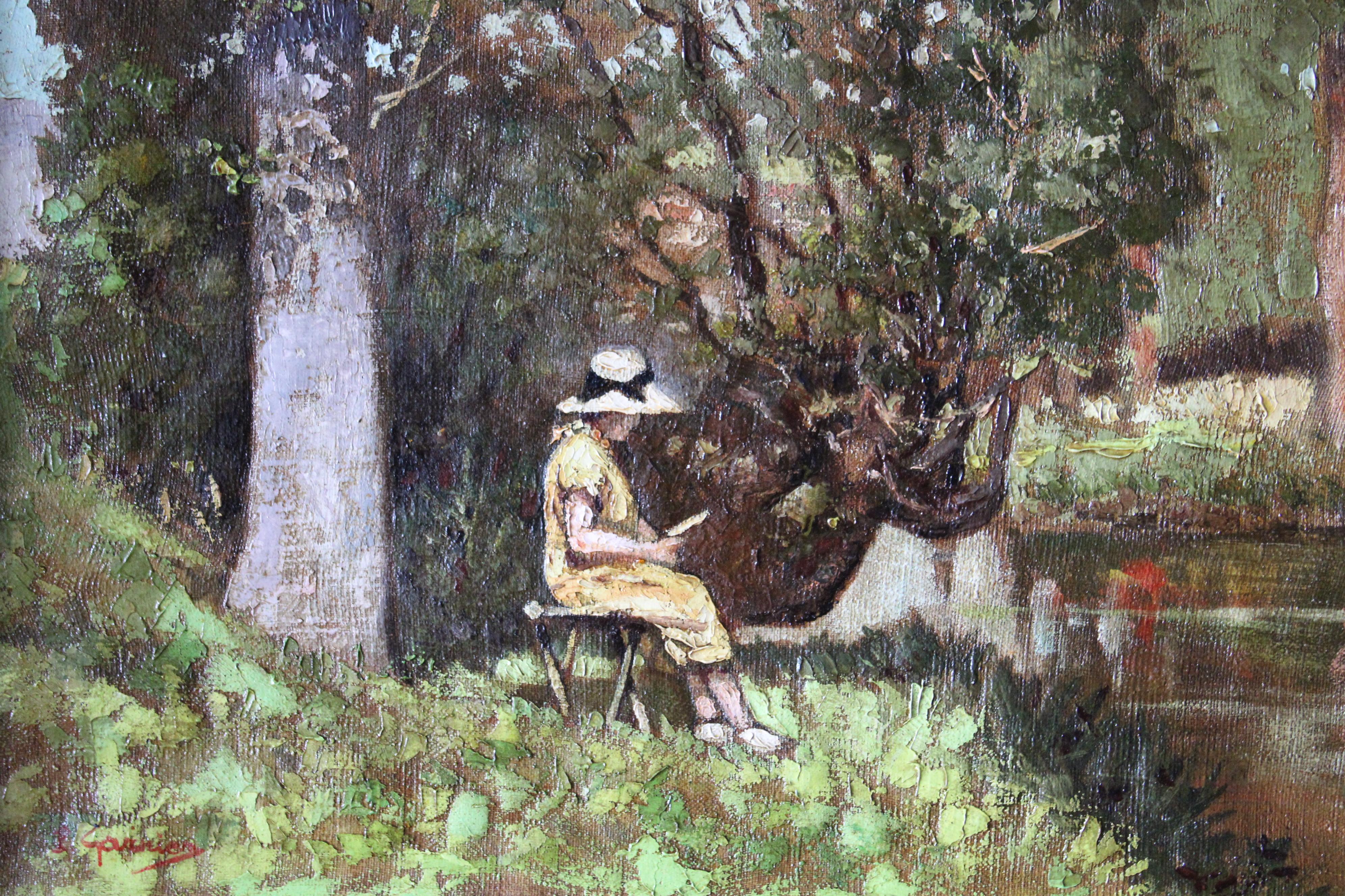 Peinture à l'huile figurative ancienne, paysage, paysage fluvial, art français - École française Painting par Pierre Garnier