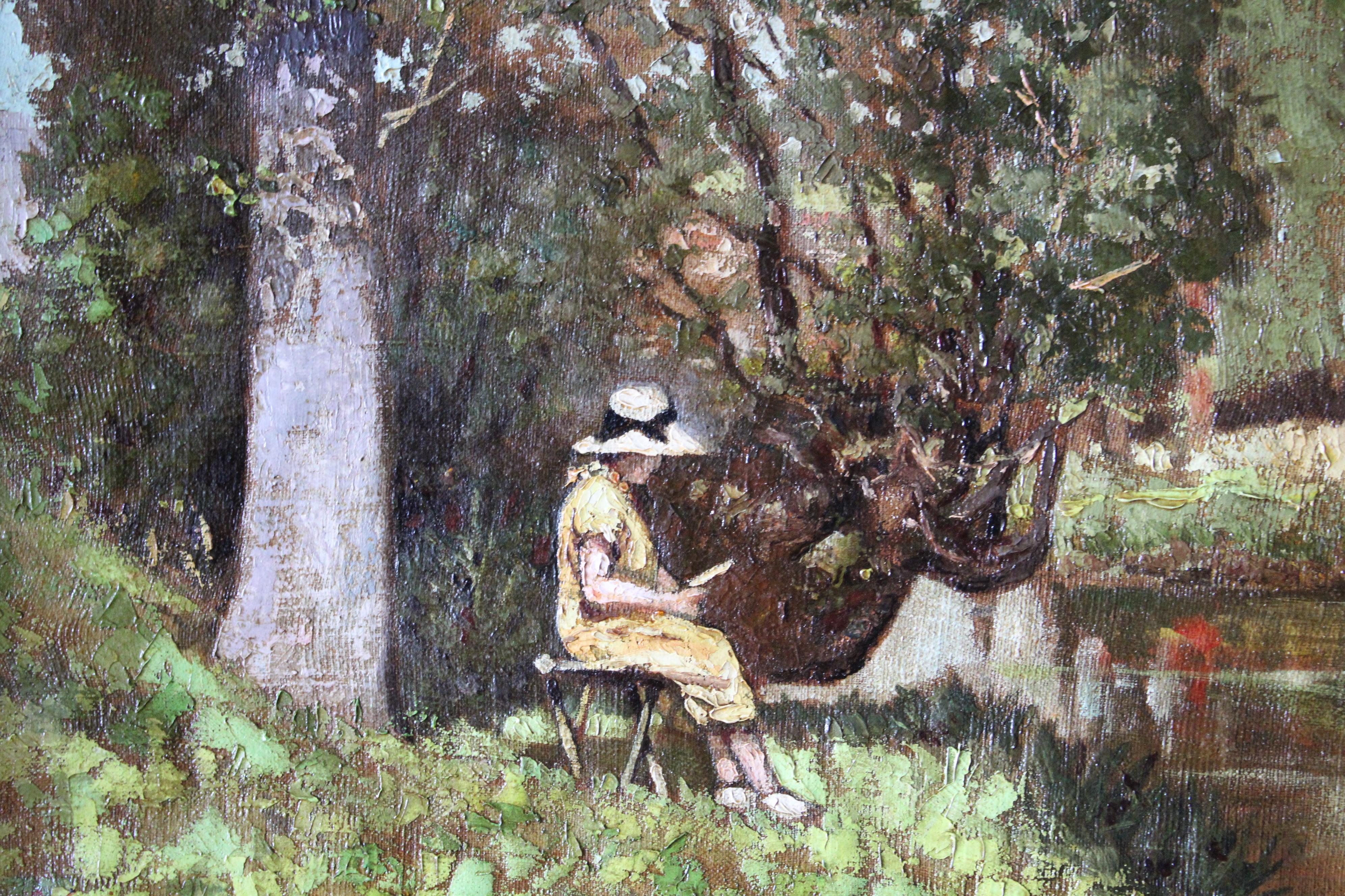 Peinture à l'huile figurative ancienne, paysage, paysage fluvial, art français - Marron Figurative Painting par Pierre Garnier