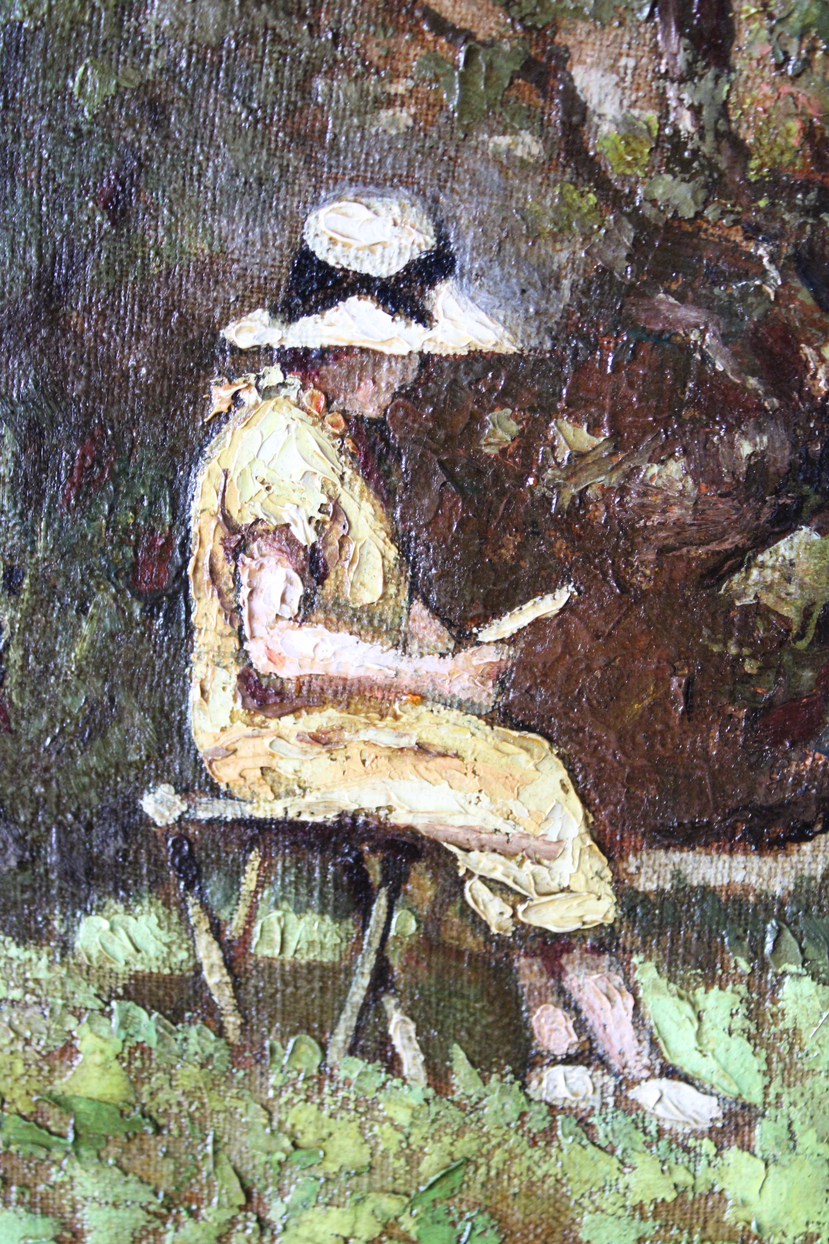 Peinture à l'huile ancienne de paysage/figurative représentant une femme au bord de l'eau par Pierre Garnier, signée en bas à gauche P. Garnier.  Cette exceptionnelle peinture figurative est une huile sur toile tendue, vraisemblablement peinte à la