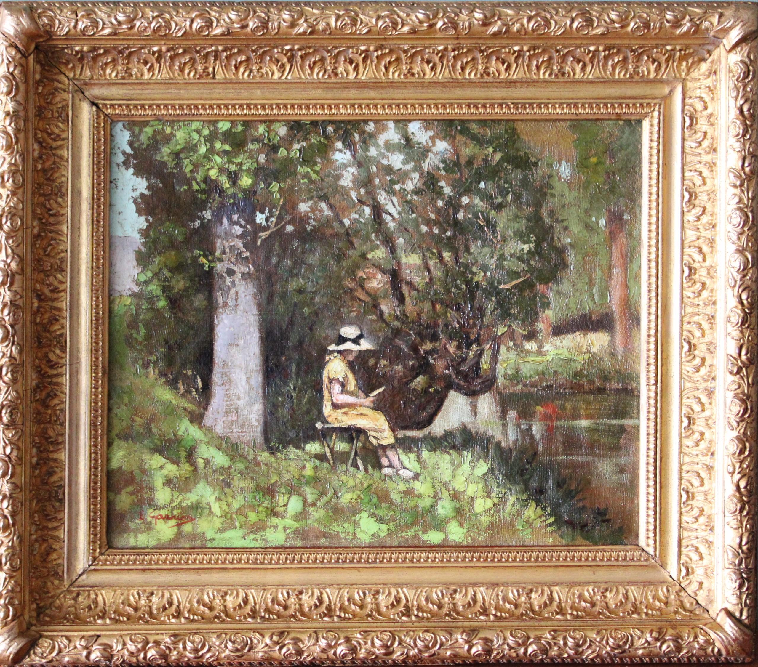 Pierre Garnier Figurative Painting - Antique figurative oil painting, Landscape, Riverscape, French art