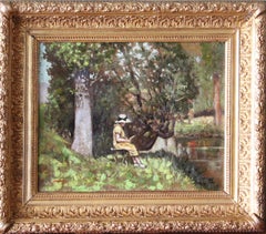 Antique figurative oil painting, Landscape, Riverscape, French art